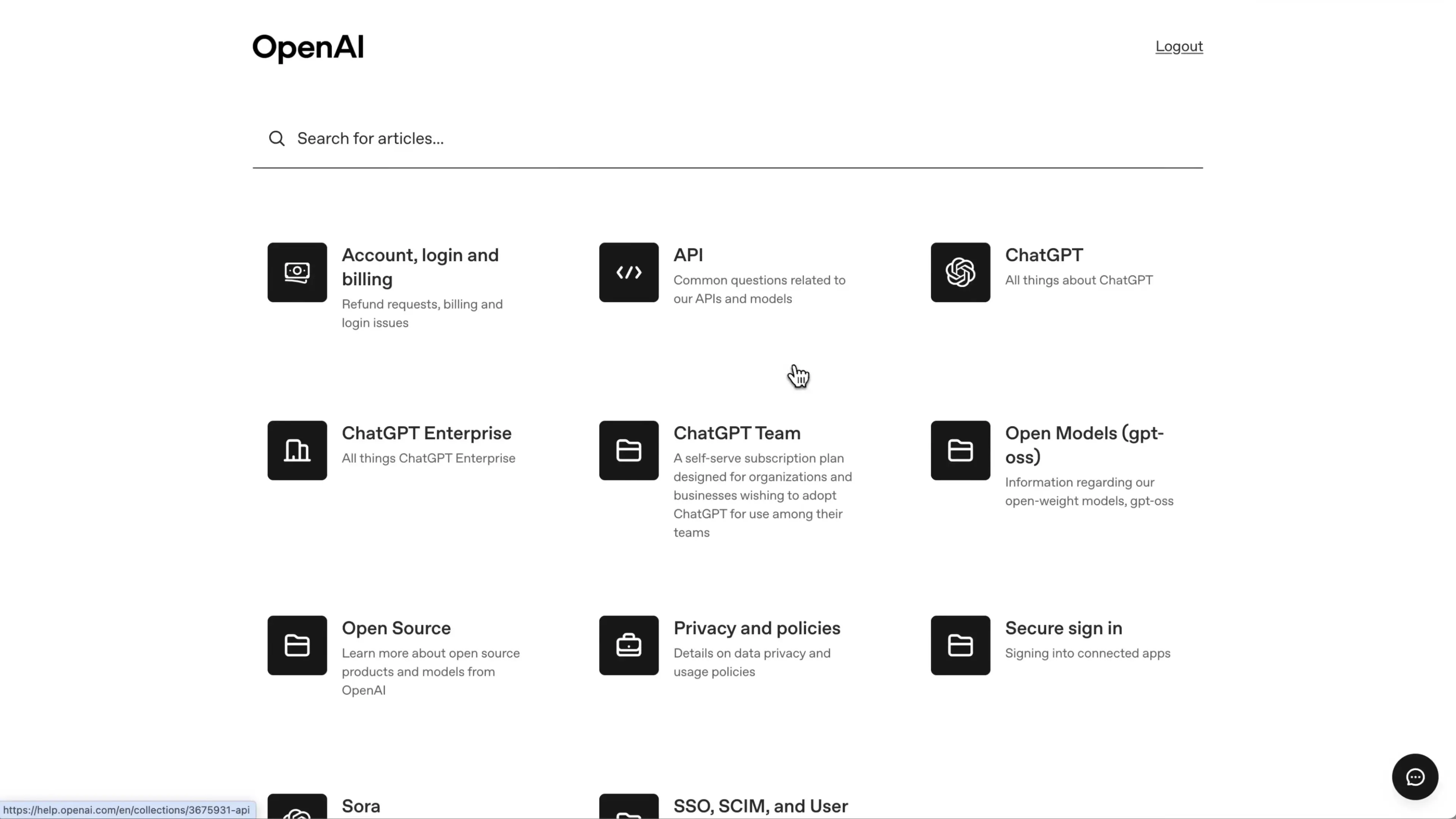 OpenAI's help center features an AI-powered chatbot that connects users directly to support resources and tools