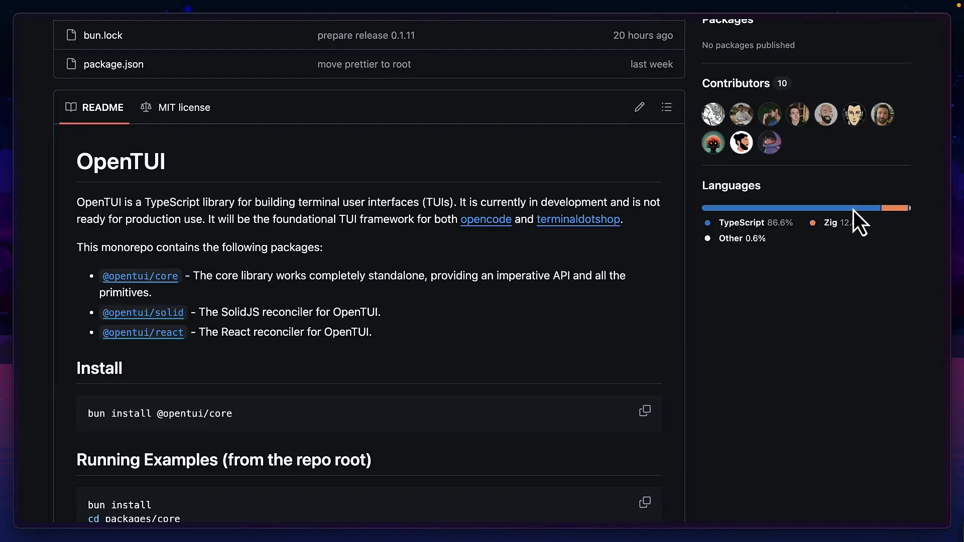 Open TUI is built with Zig and TypeScript, delivering impressive terminal user interfaces with better performance