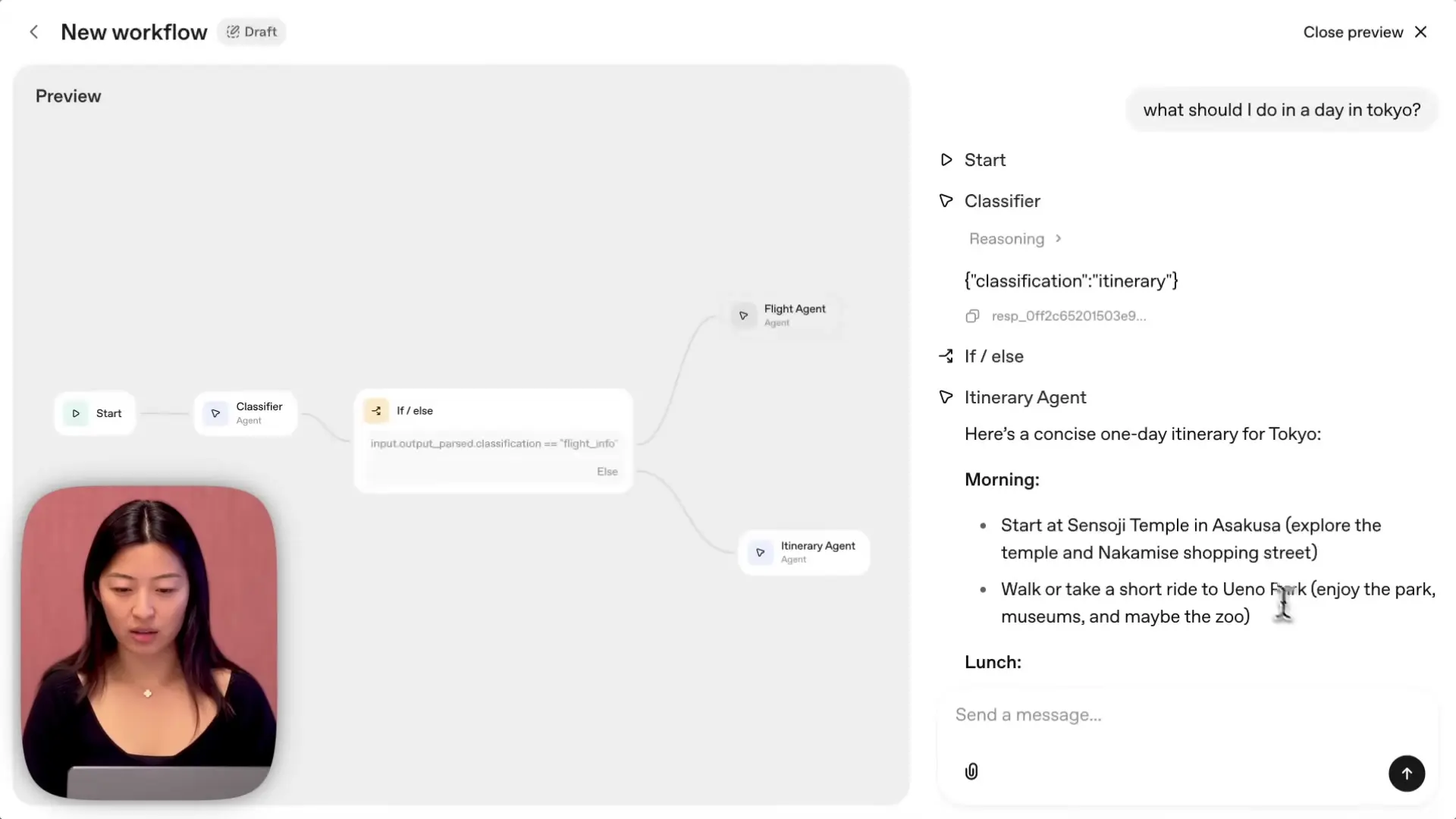 The Agent Builder interface showing how the workflow routes requests to the appropriate specialized agent