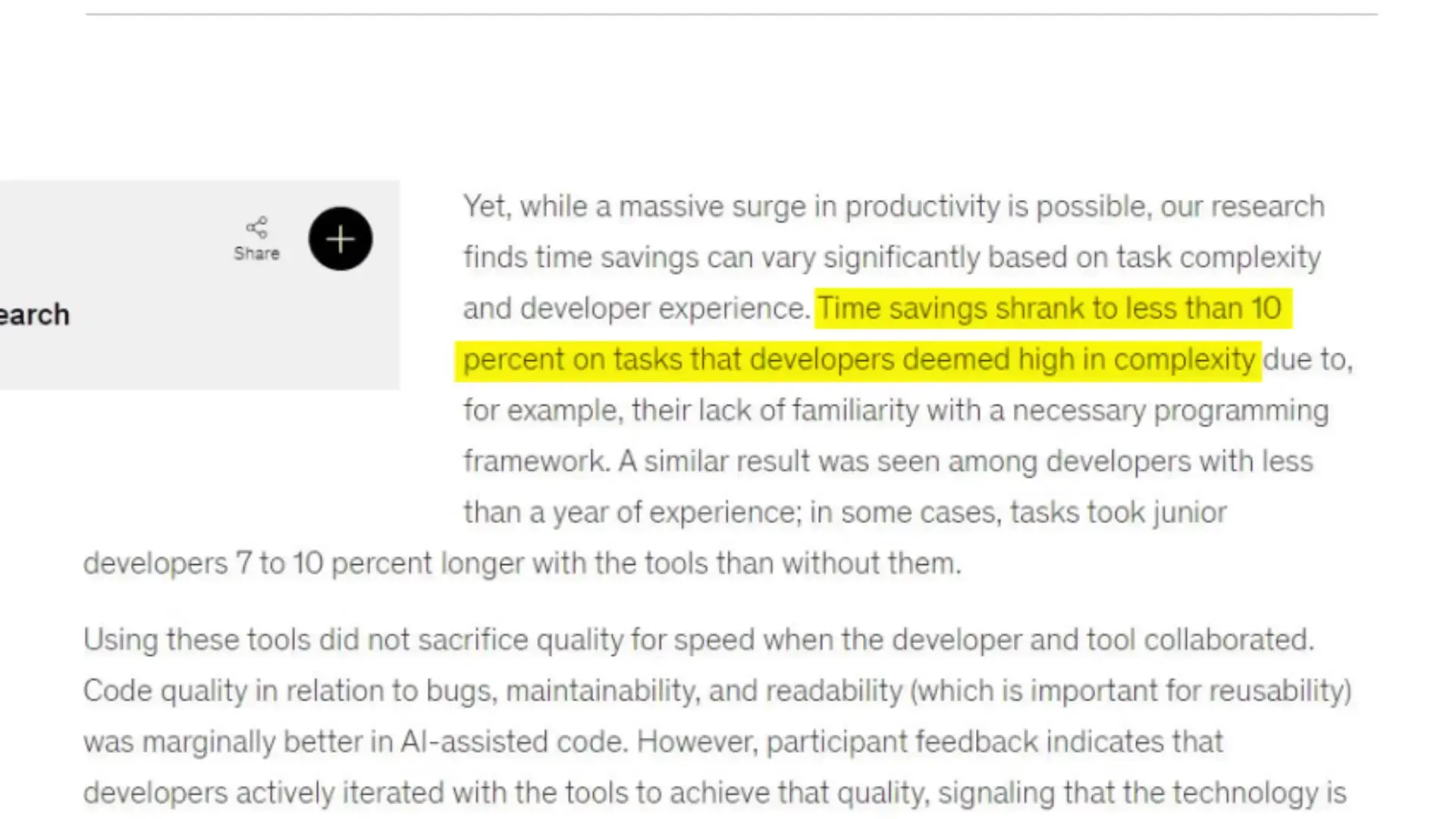 McKinsey study showing AI's varying impact on different programming tasks, with minimal gains for complex work