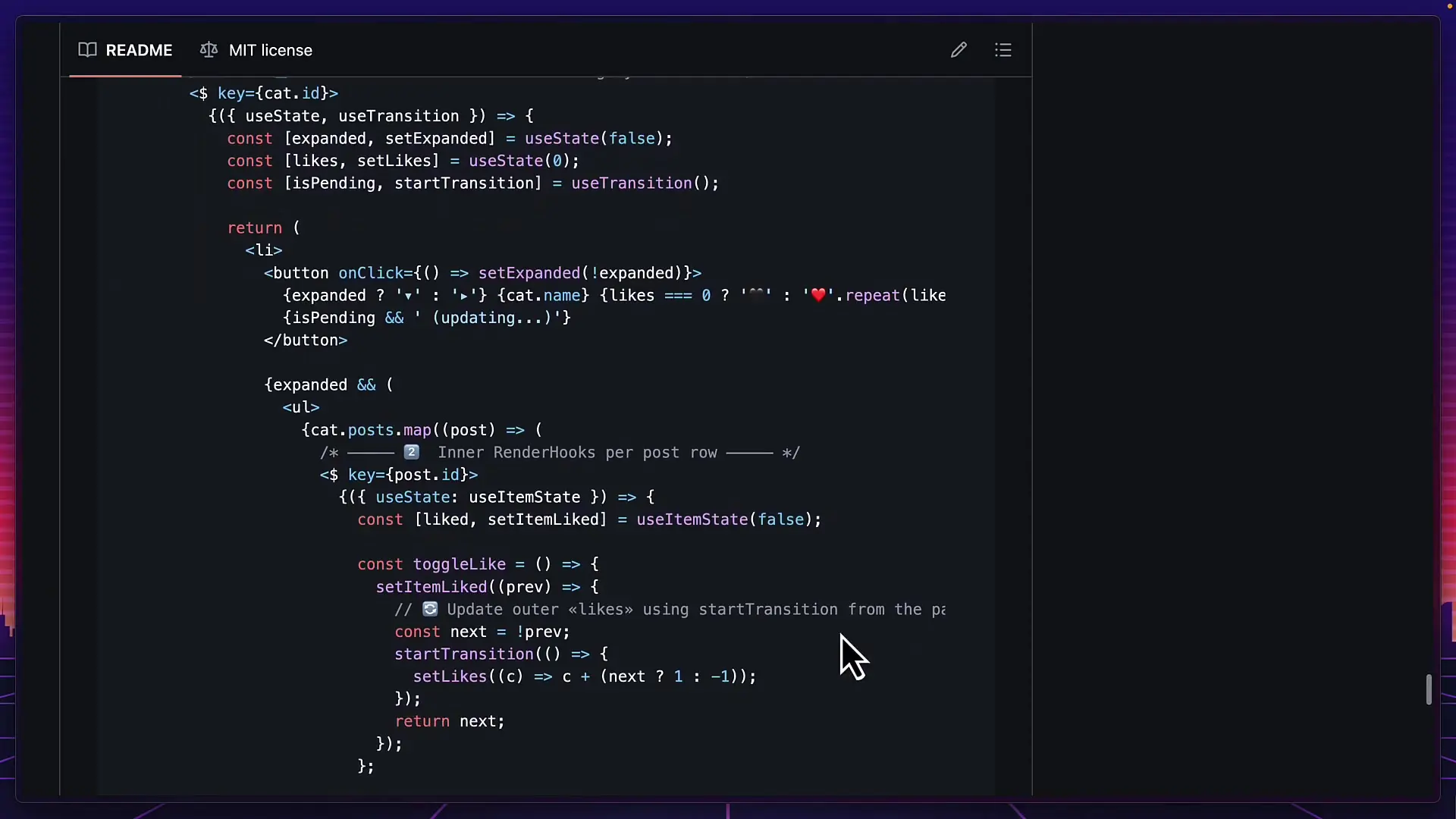 Complex nested render hooks implementation showing potential readability challenges