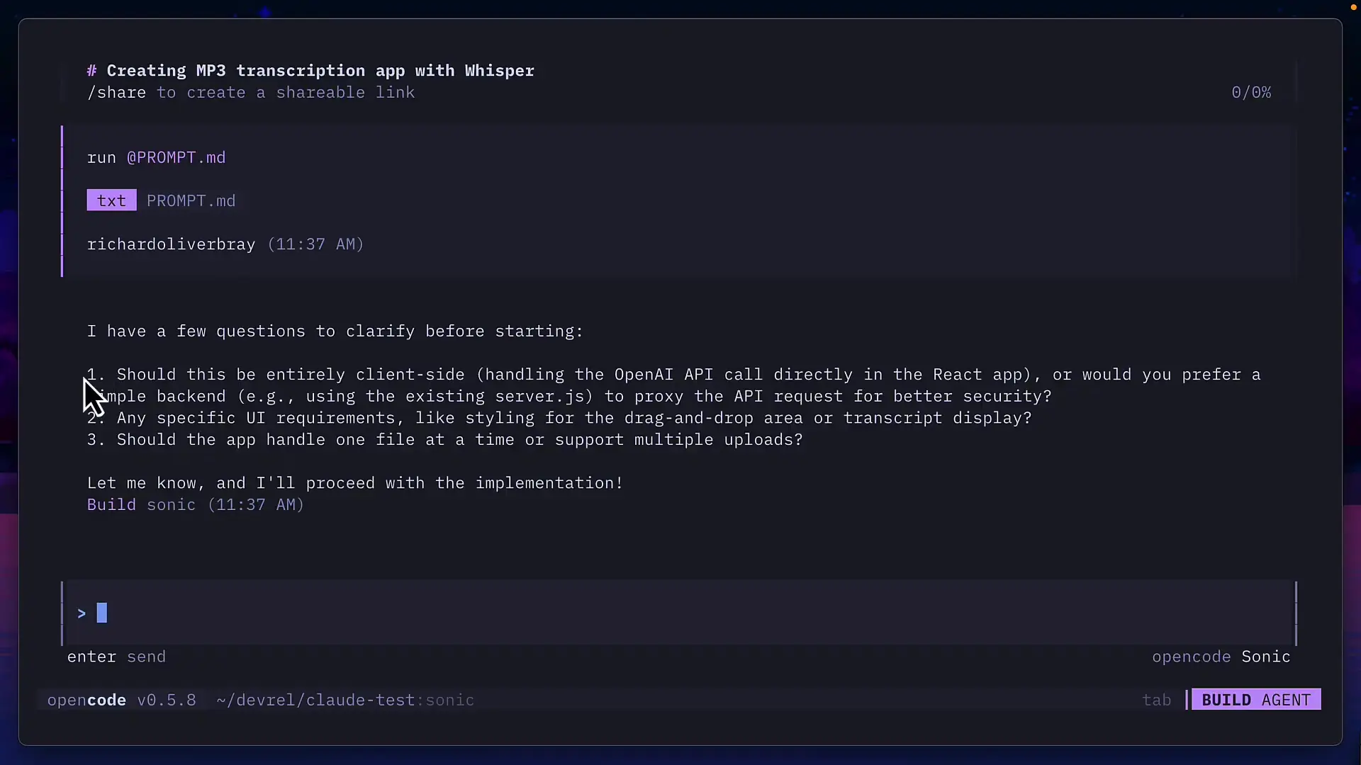 Sonic proactively asked about architecture choices, demonstrating security awareness by suggesting a backend implementation to protect API keys.