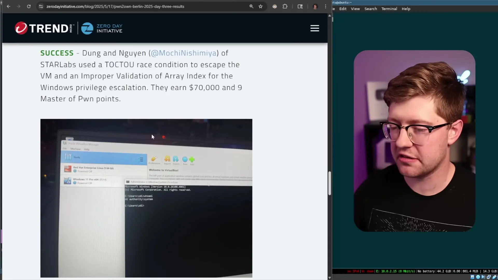 Security researchers demonstrating VM escape vulnerabilities at the Pwn2Own hacking competition