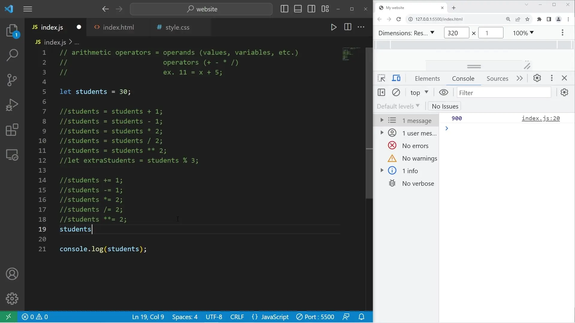Examples of JavaScript arithmetic operators in action with variable manipulation