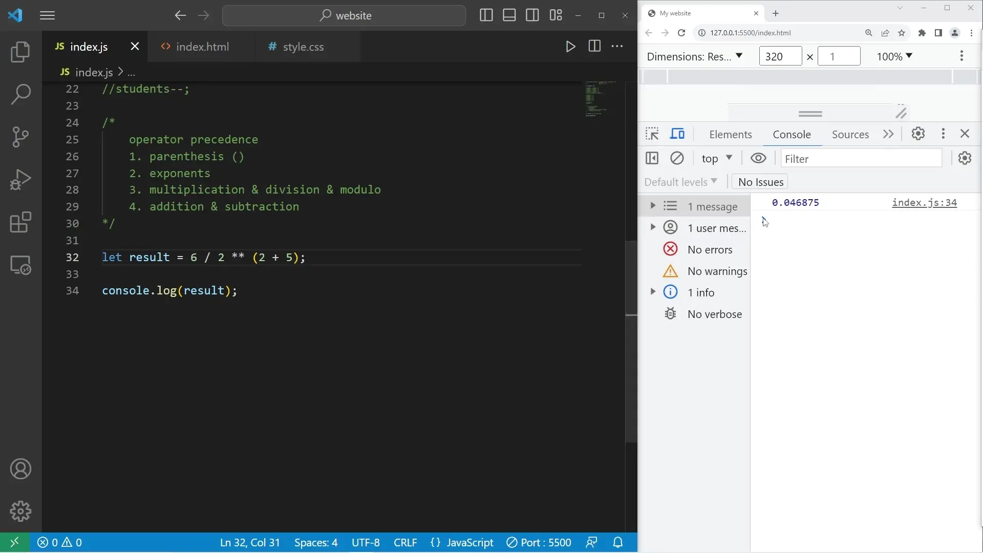 Operator precedence chart showing the evaluation order of mathematical expressions in JavaScript