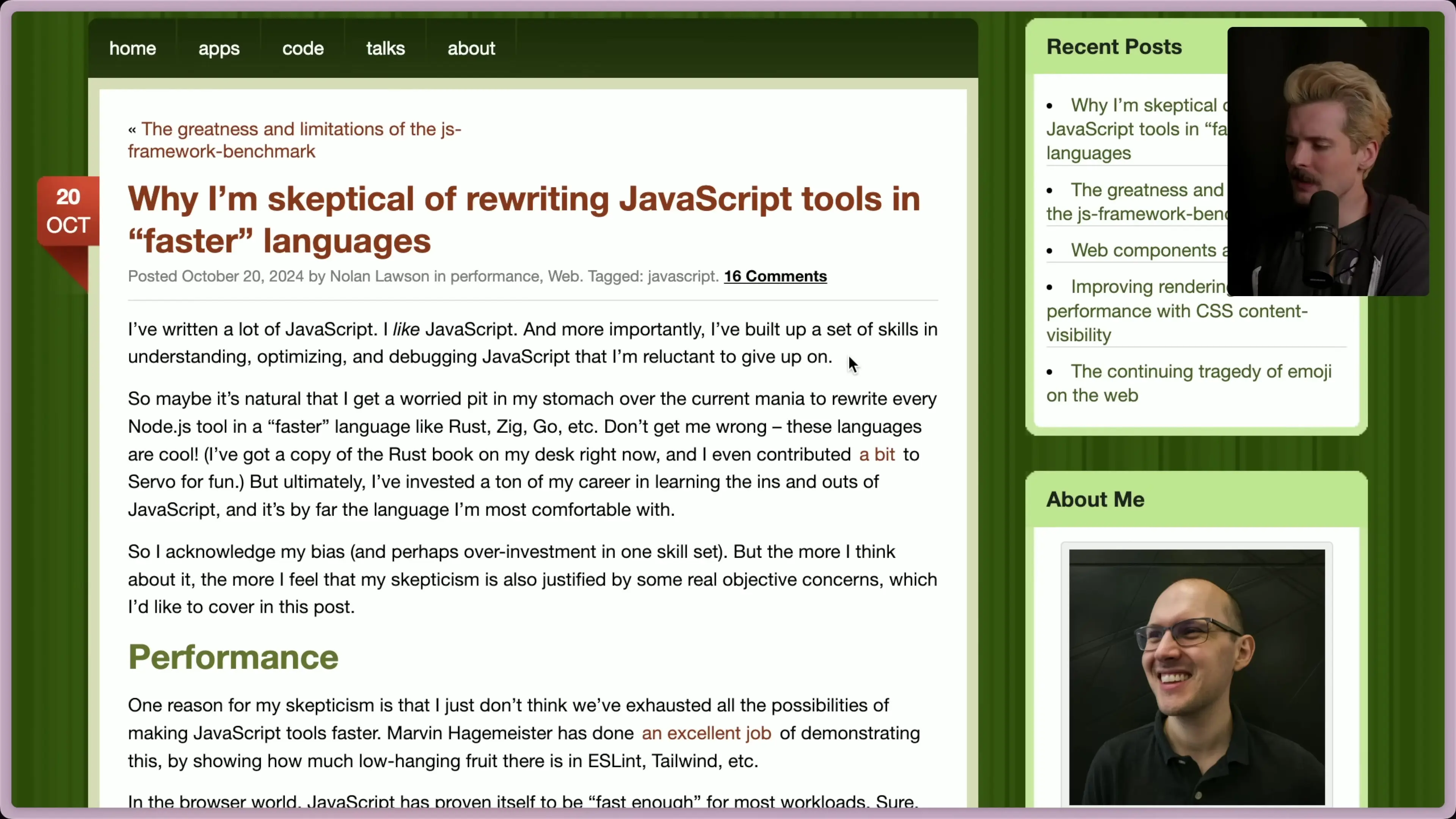 JavaScript performance is often adequate for most development tooling needs despite common misconceptions