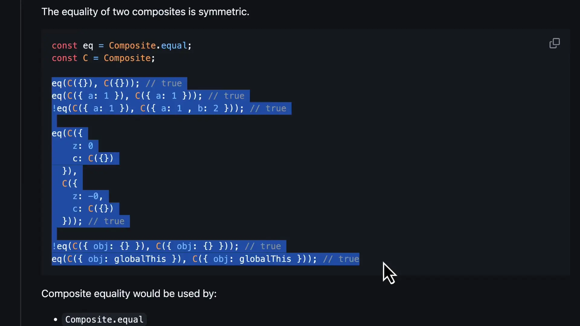 Code example demonstrating Composites' symmetric equality behavior compared to traditional JavaScript objects