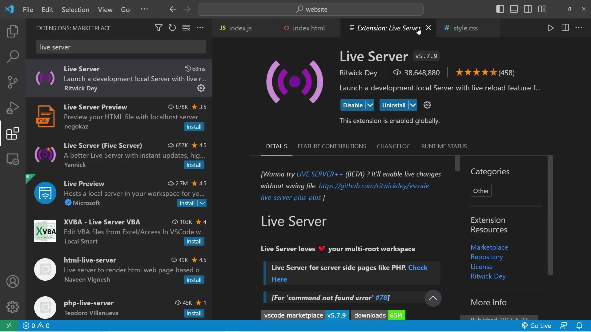 Installing the Live Server extension in VS Code enables automatic page refreshing during development