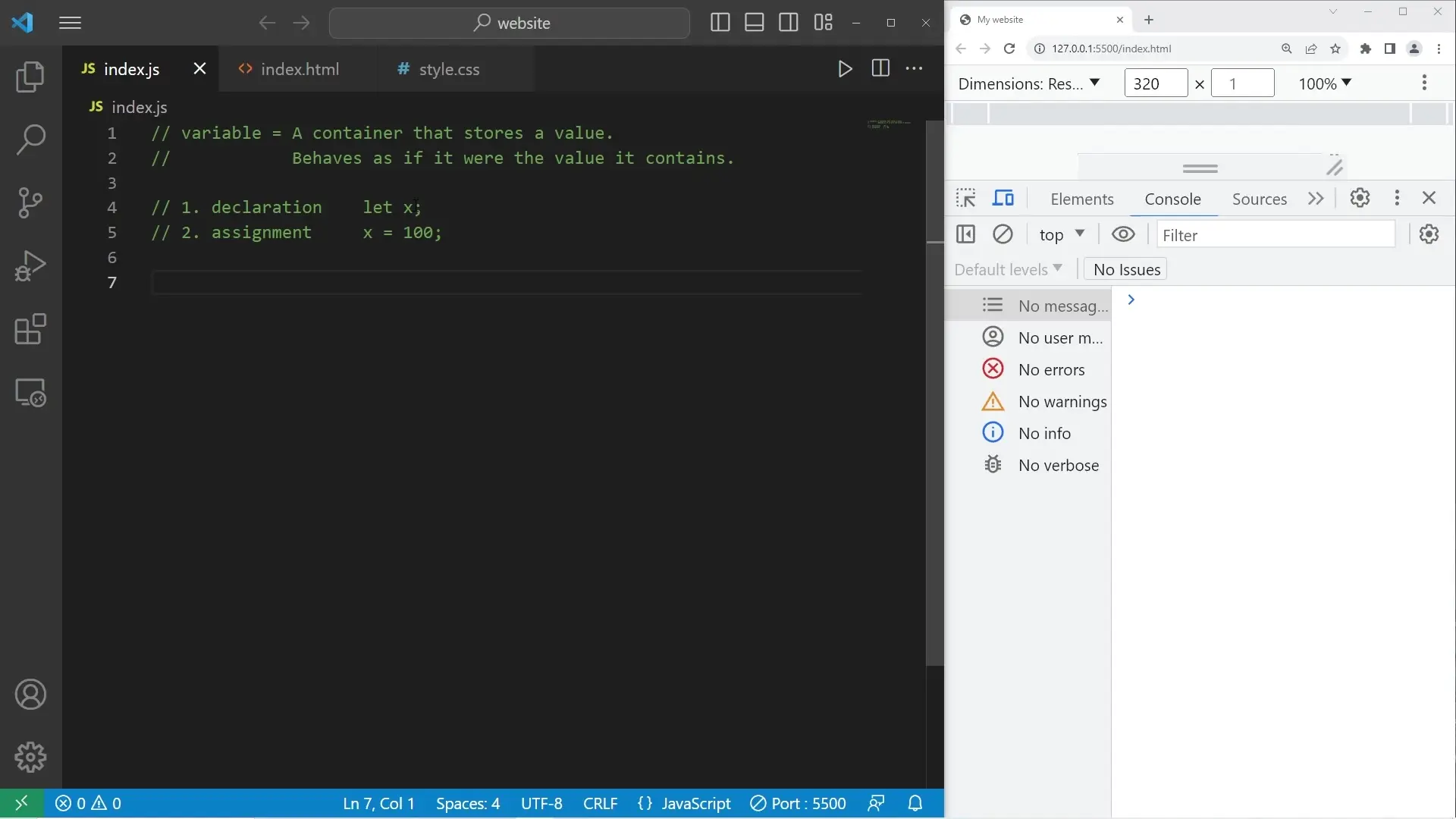 JavaScript variable declaration and assignment syntax demonstrating how to create and assign values to variables
