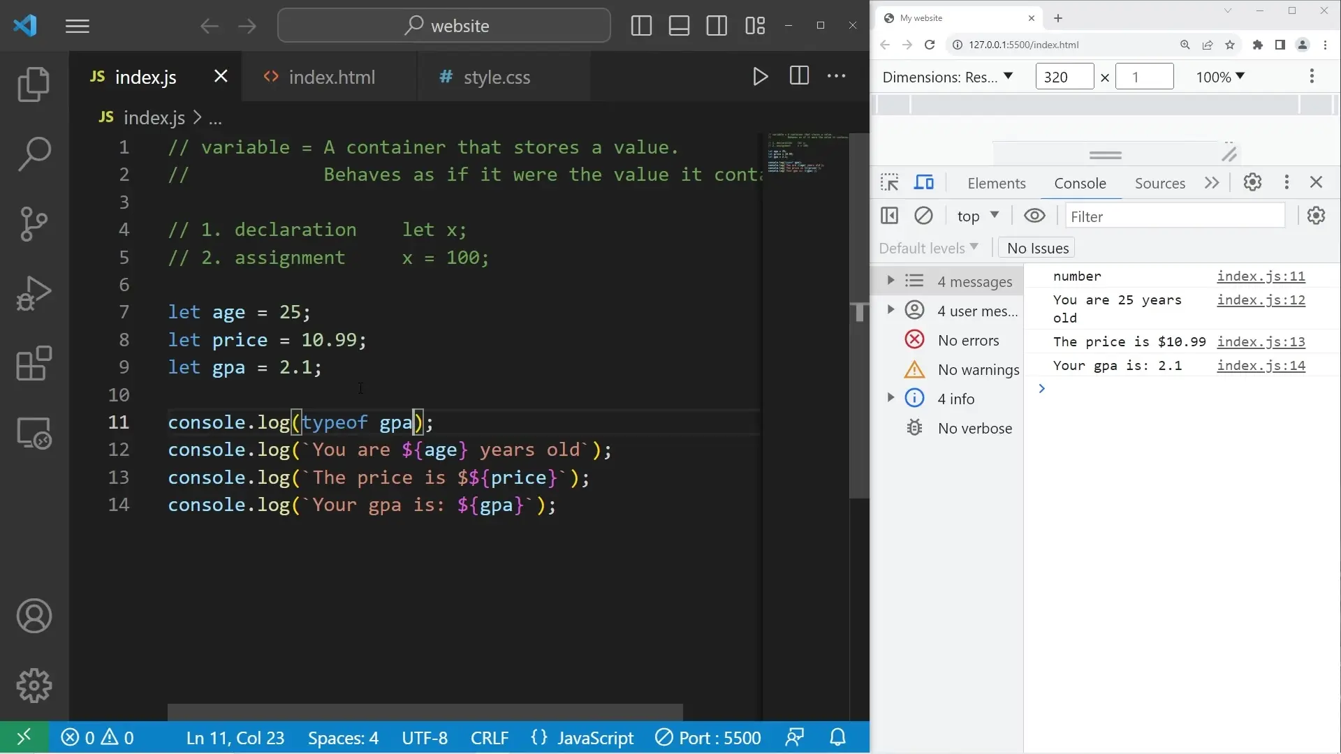 Using JavaScript number variables with different numeric values and displaying them in the console
