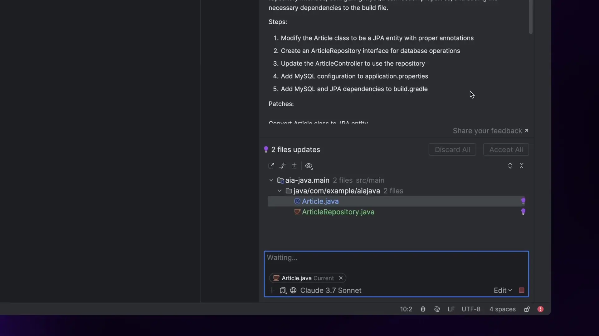 JetBrains AI Assistant showing intelligent implementation of JPA entity conversion, demonstrating how it handles complex code generation while maintaining project context