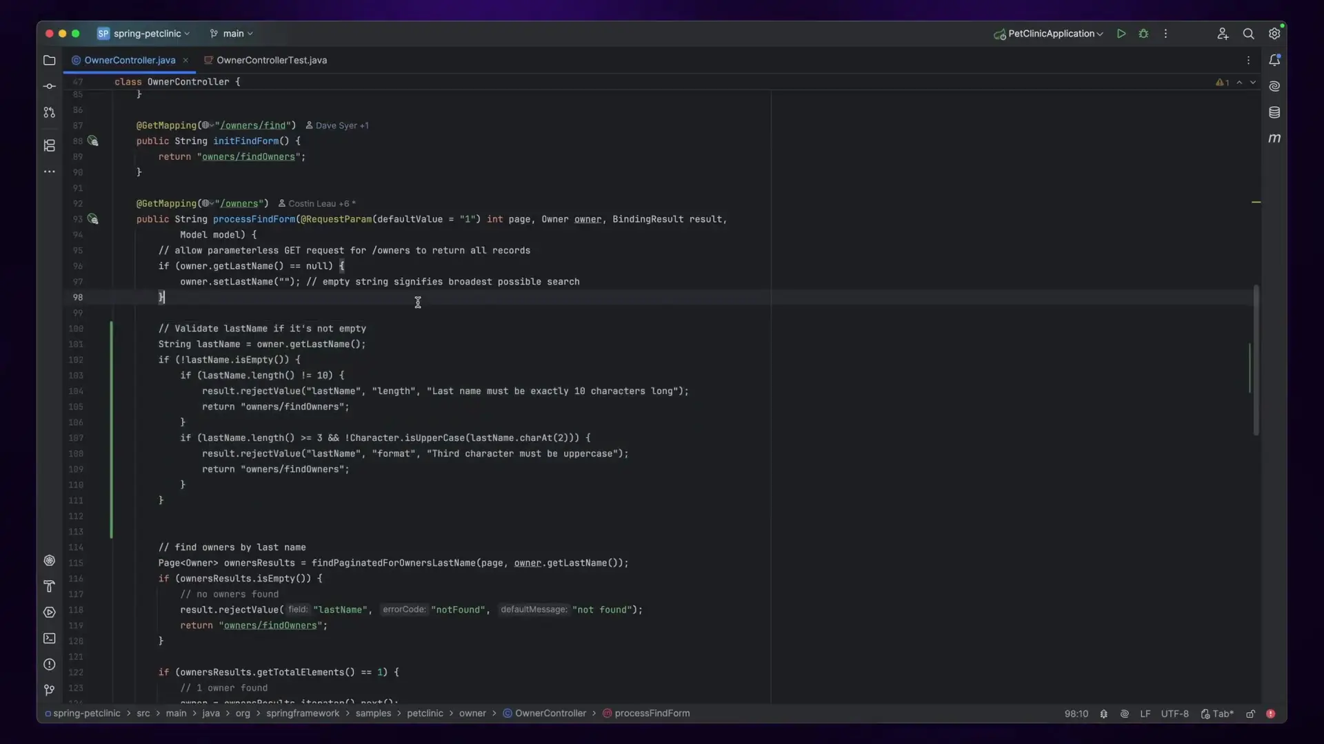 JetBrains AI Assistant helping implement validation logic in a Spring Pet Clinic application, showcasing its contextual awareness of framework-specific patterns