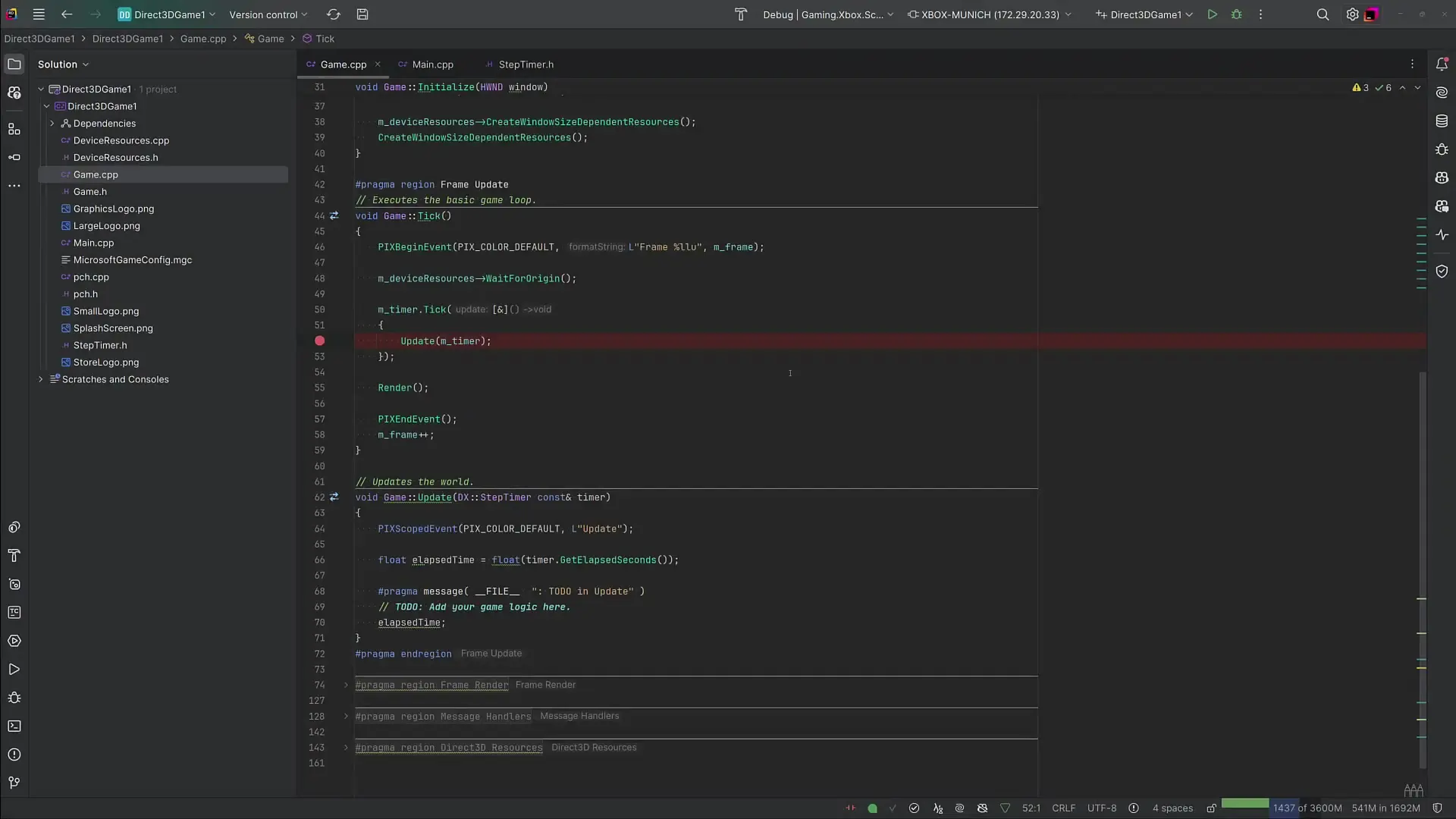 JetBrains Rider IDE interface showing game code with console development support, featuring advanced code navigation for Direct3D game projects