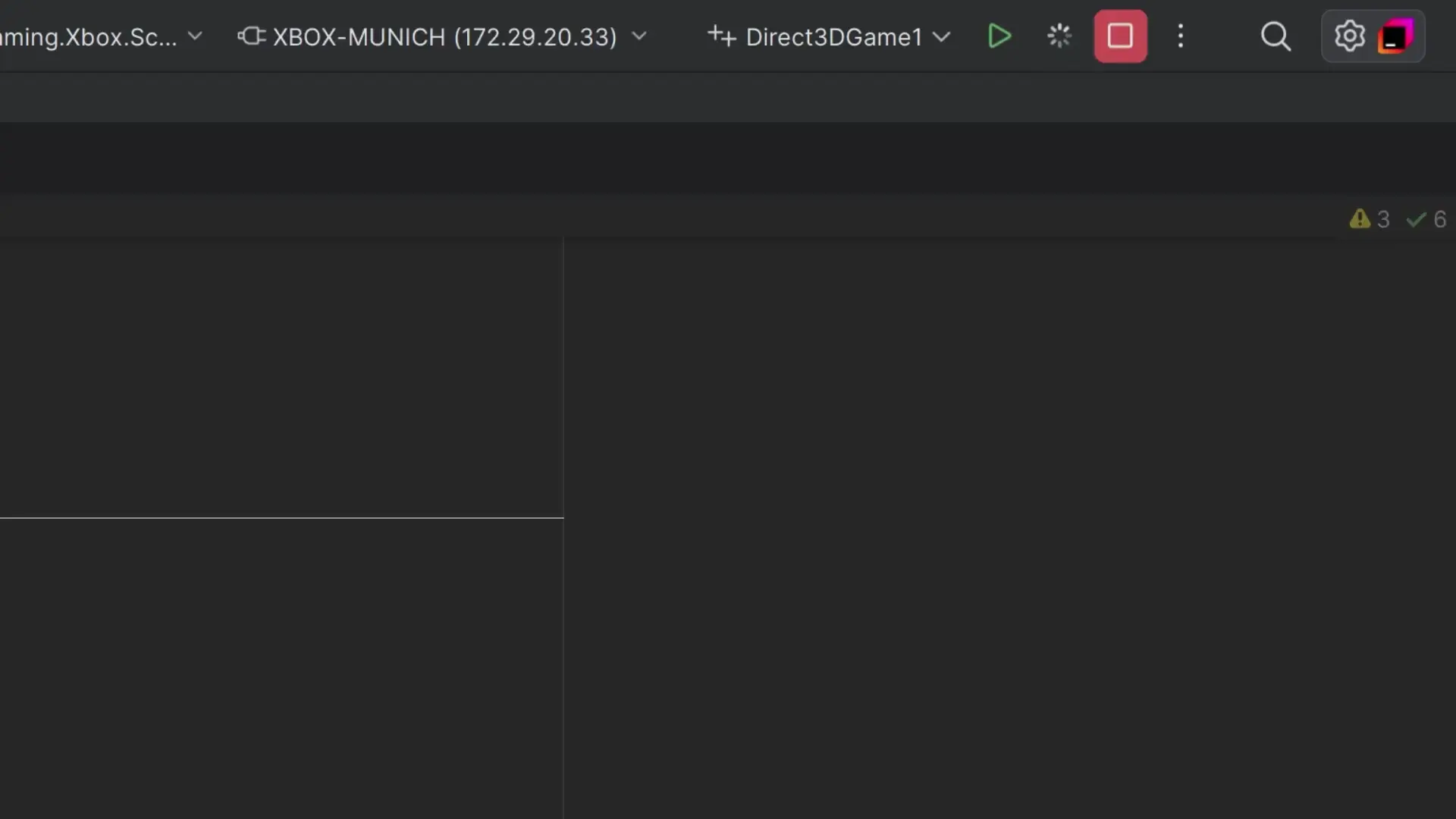 Rider IDE showing an active debugging session connected to an Xbox development kit, with the device connection panel displaying the console's IP address (172.29.20.33)