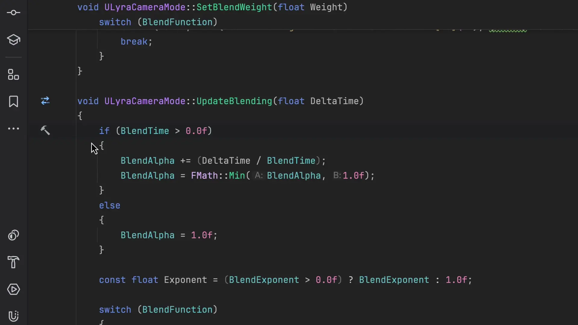Rider's code editor showing camera blending functions with active breakpoints, demonstrating the IDE's ability to debug complex game systems on console hardware