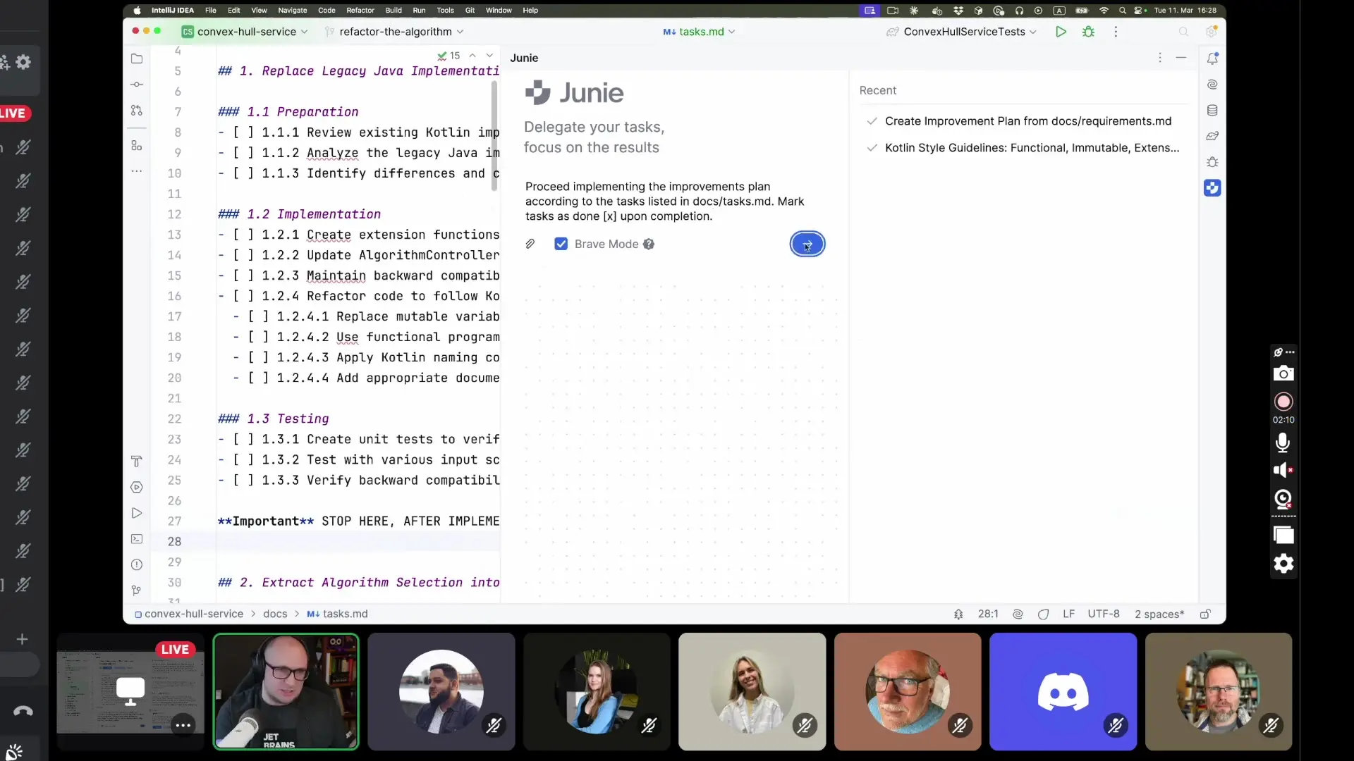 AI assistant interface showing a structured task list for refactoring Java to Kotlin with implementation guidance and best practices recommendations