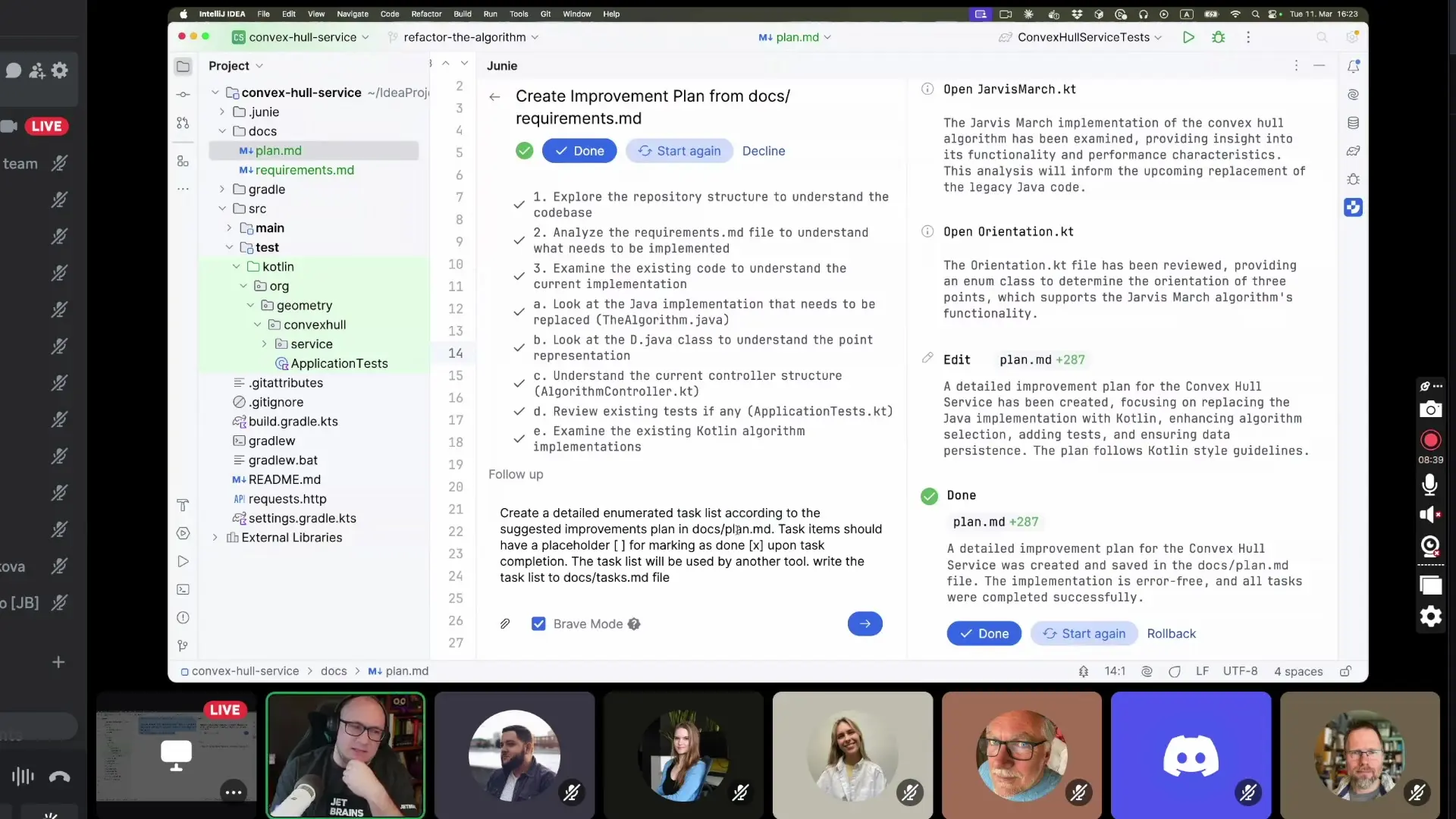 AI assistant in JetBrains IDE creating a structured implementation plan for refactoring Java code to Kotlin with detailed task breakdown and requirements analysis