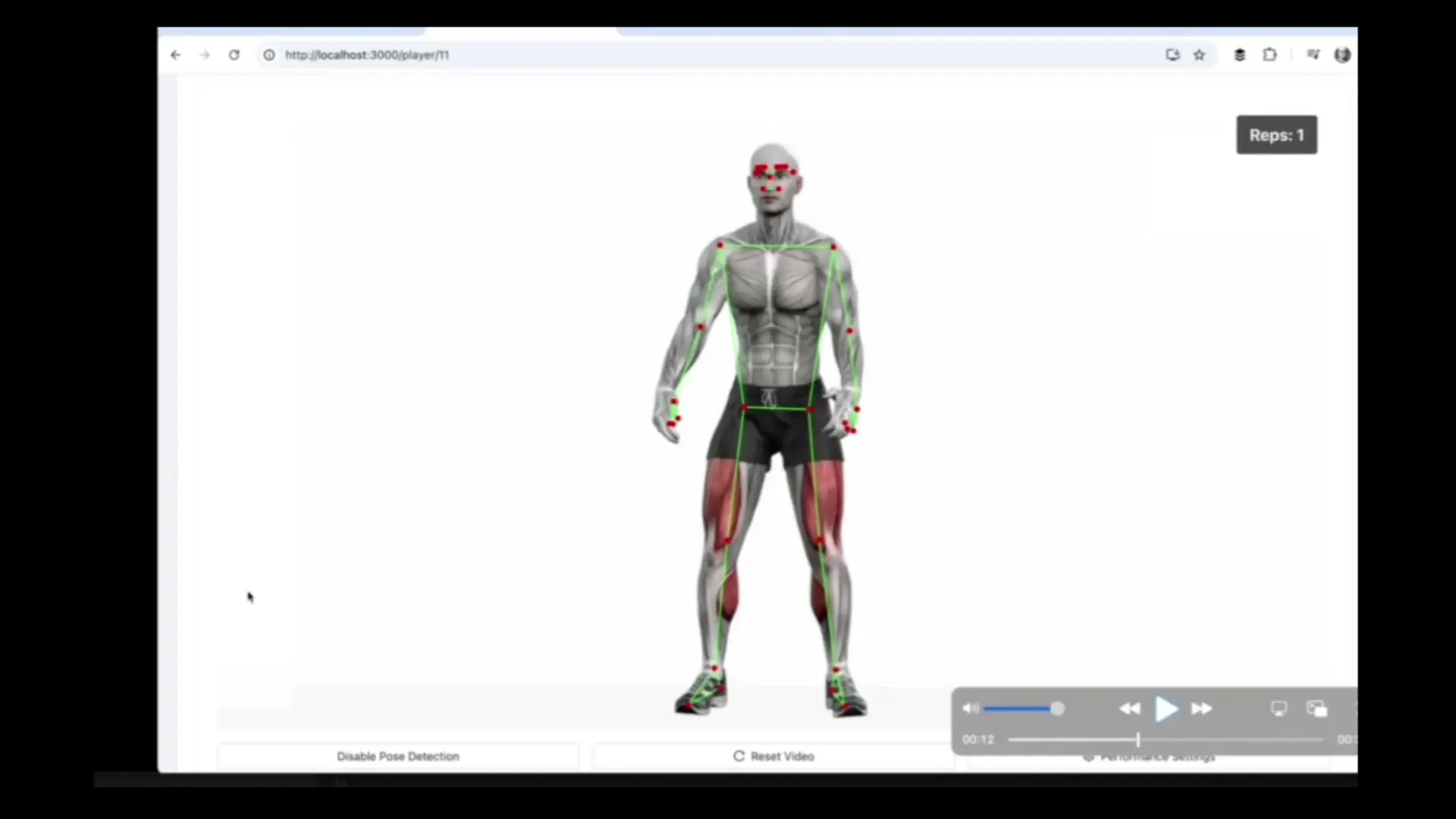 TensorFlow.js-powered skeletal tracking system showing real-time pose detection with anatomical highlighting for precise movement analysis