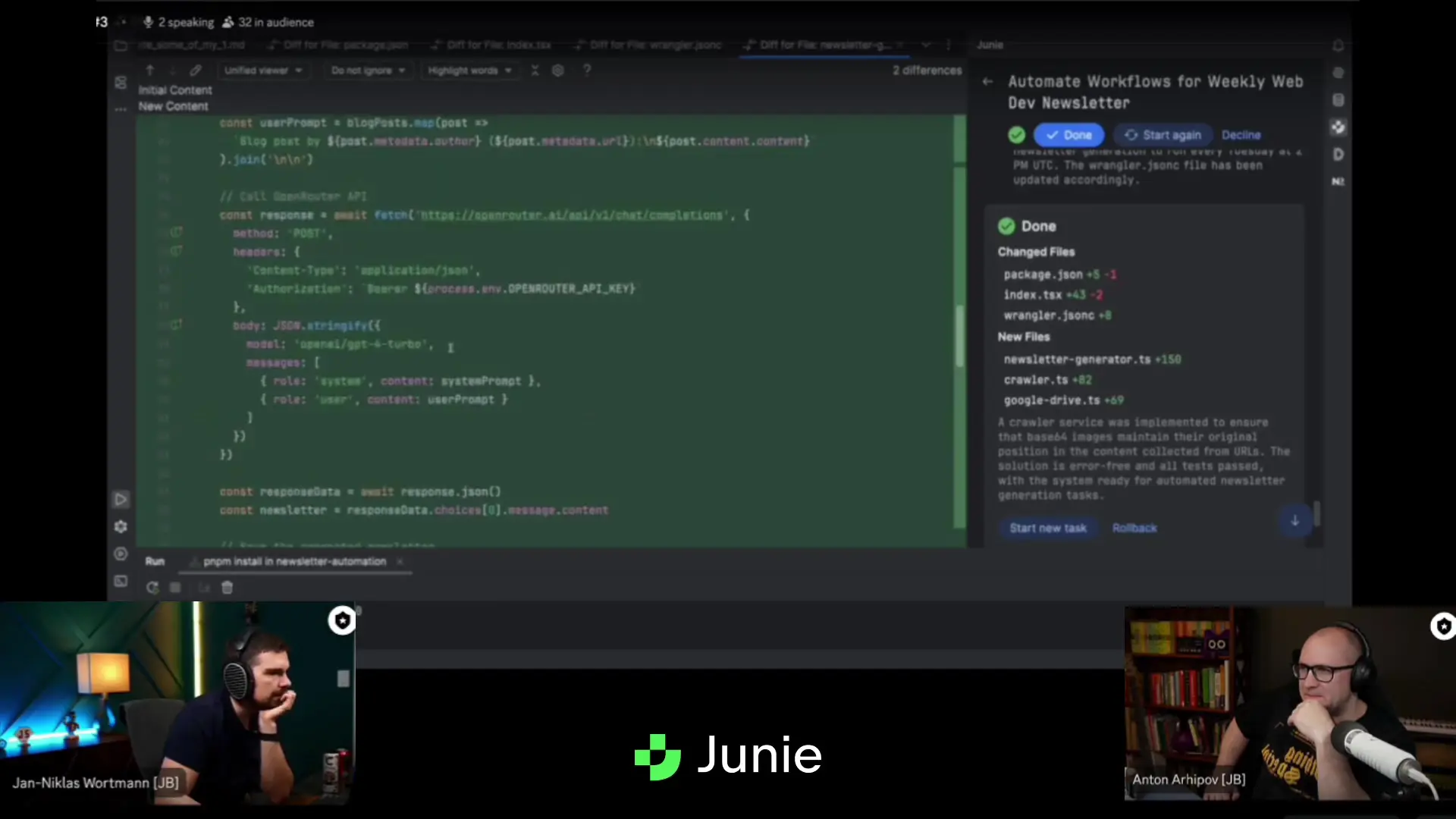 Implementation of the newsletter automation API endpoint showing webhook configuration for content processing and storage