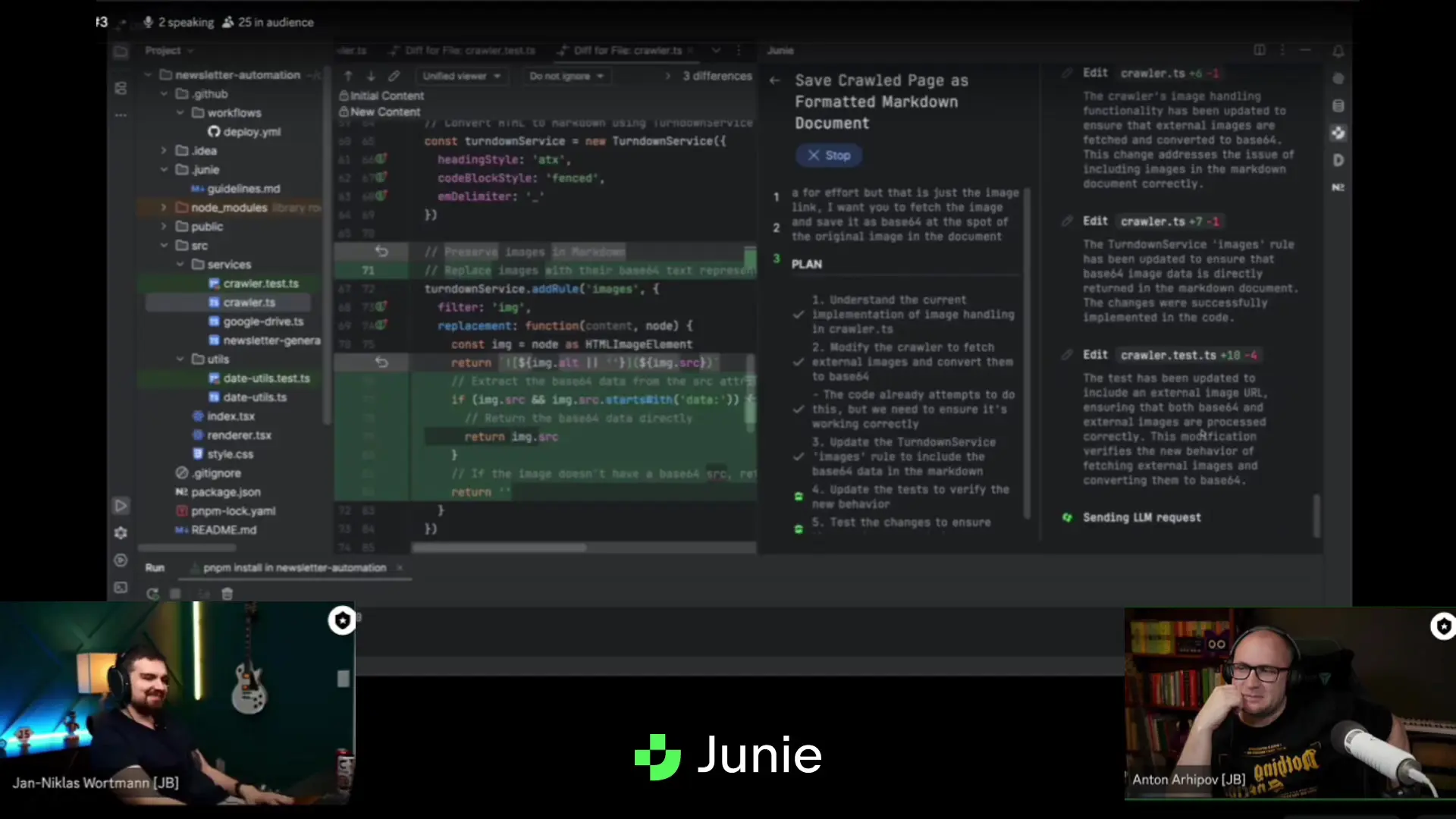 Code implementation showing TurndownService for converting HTML to markdown and image handling functionality that converts external images to base64 format