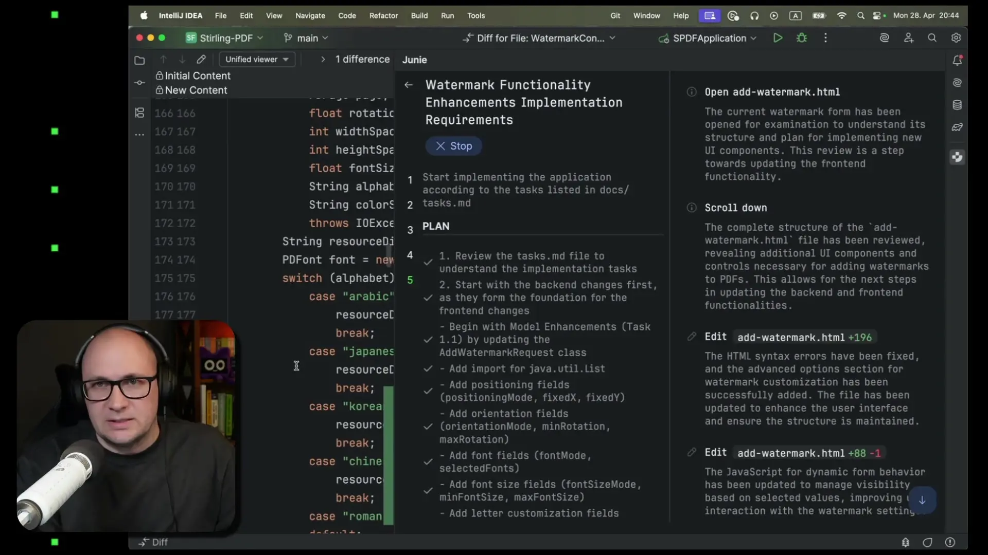 Implementing watermark functionality enhancements with code for font handling and randomization logic in the IDE