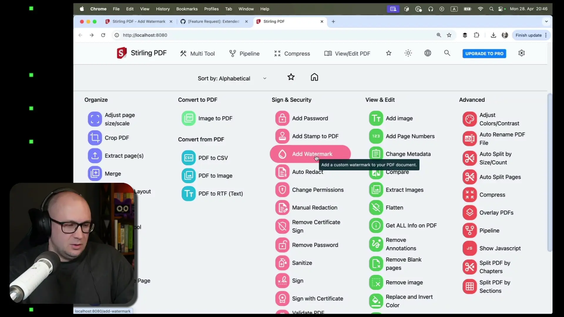 Stirling PDF web interface showing various PDF tools including the 'Add Watermark' feature that we'll be enhancing in this tutorial