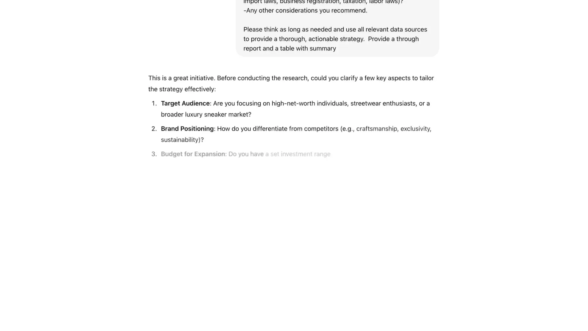 ChatGPT begins the research process by asking clarifying questions to ensure accurate and relevant results