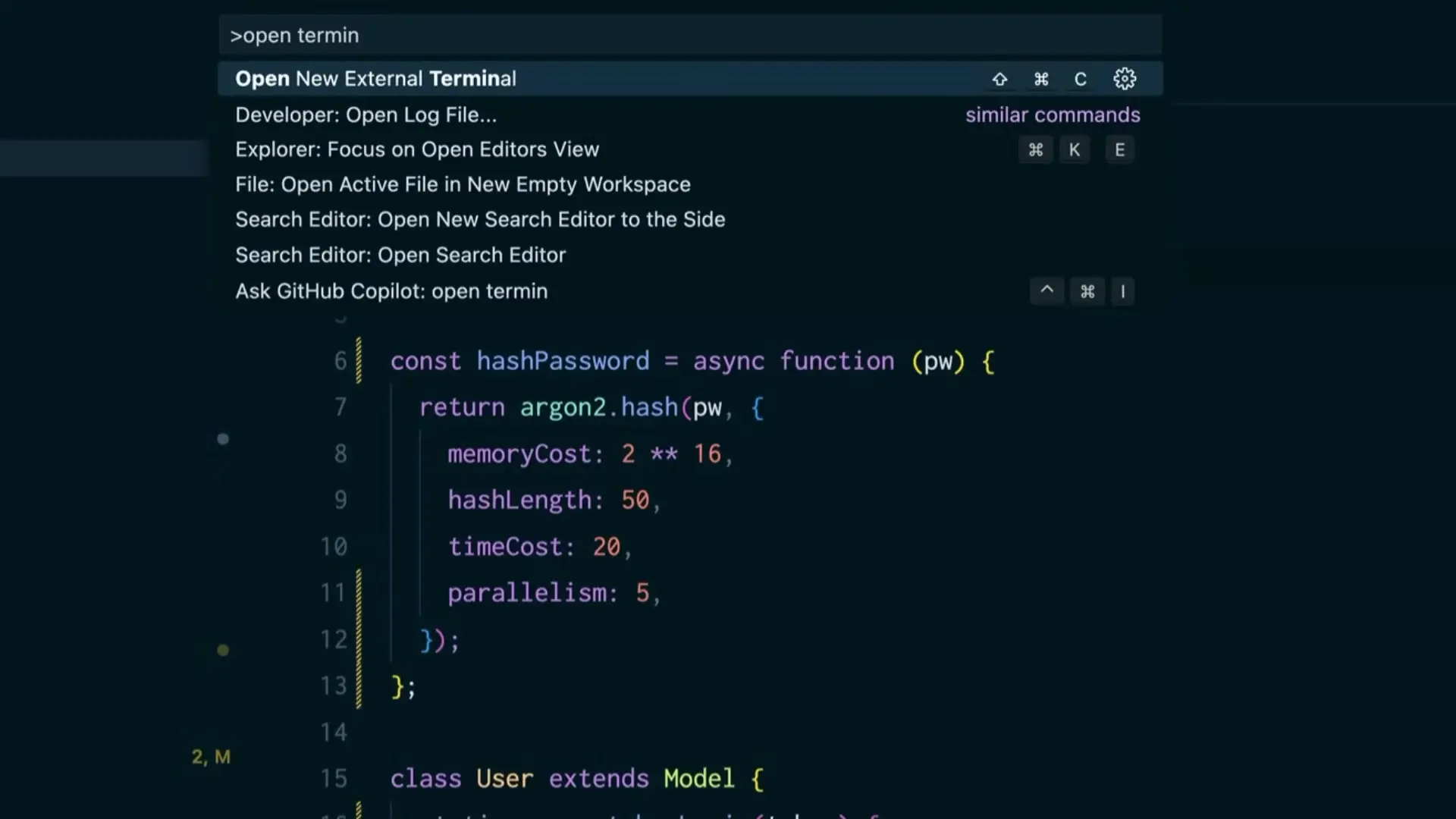 VS Code interface showing the command palette with keyboard shortcuts displayed on the right side of each command