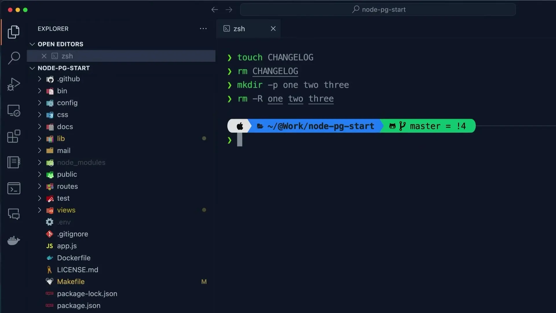 VS Code interface showing the integrated terminal in editor area with file management commands visible alongside the project structure