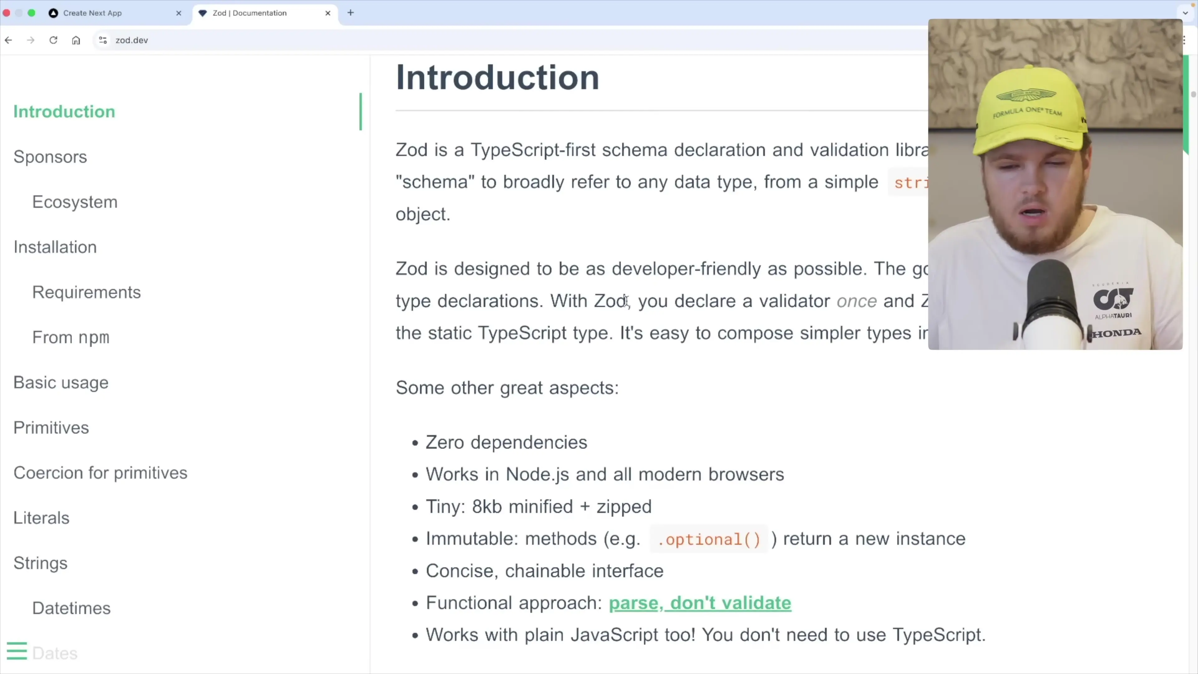 Zod provides TypeScript-first schema validation with zero dependencies and chainable interfaces for complete type safety at runtime
