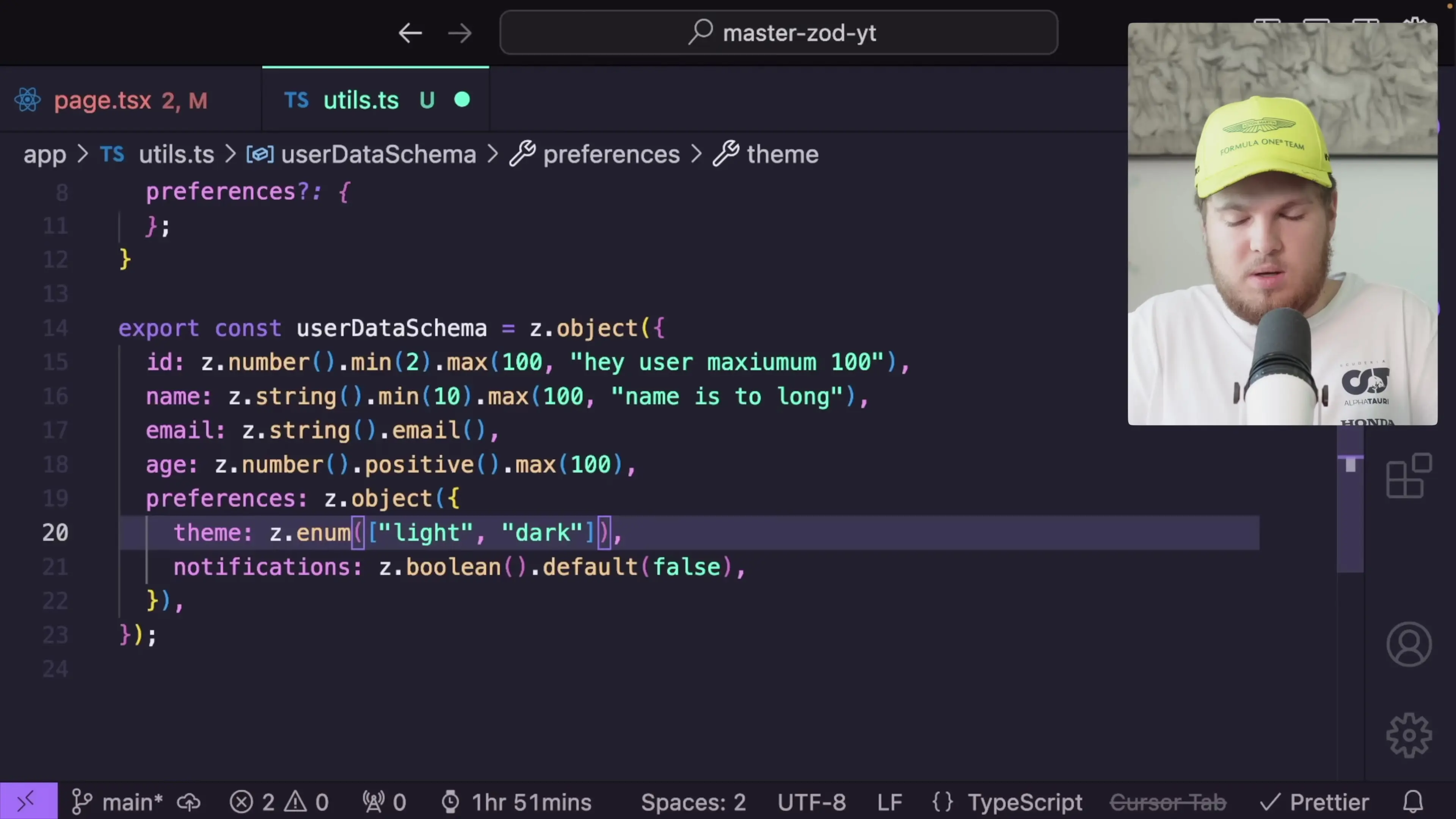 Implementing a robust user data schema with Zod enforces validation for ID, name, email, and user preferences including theme options