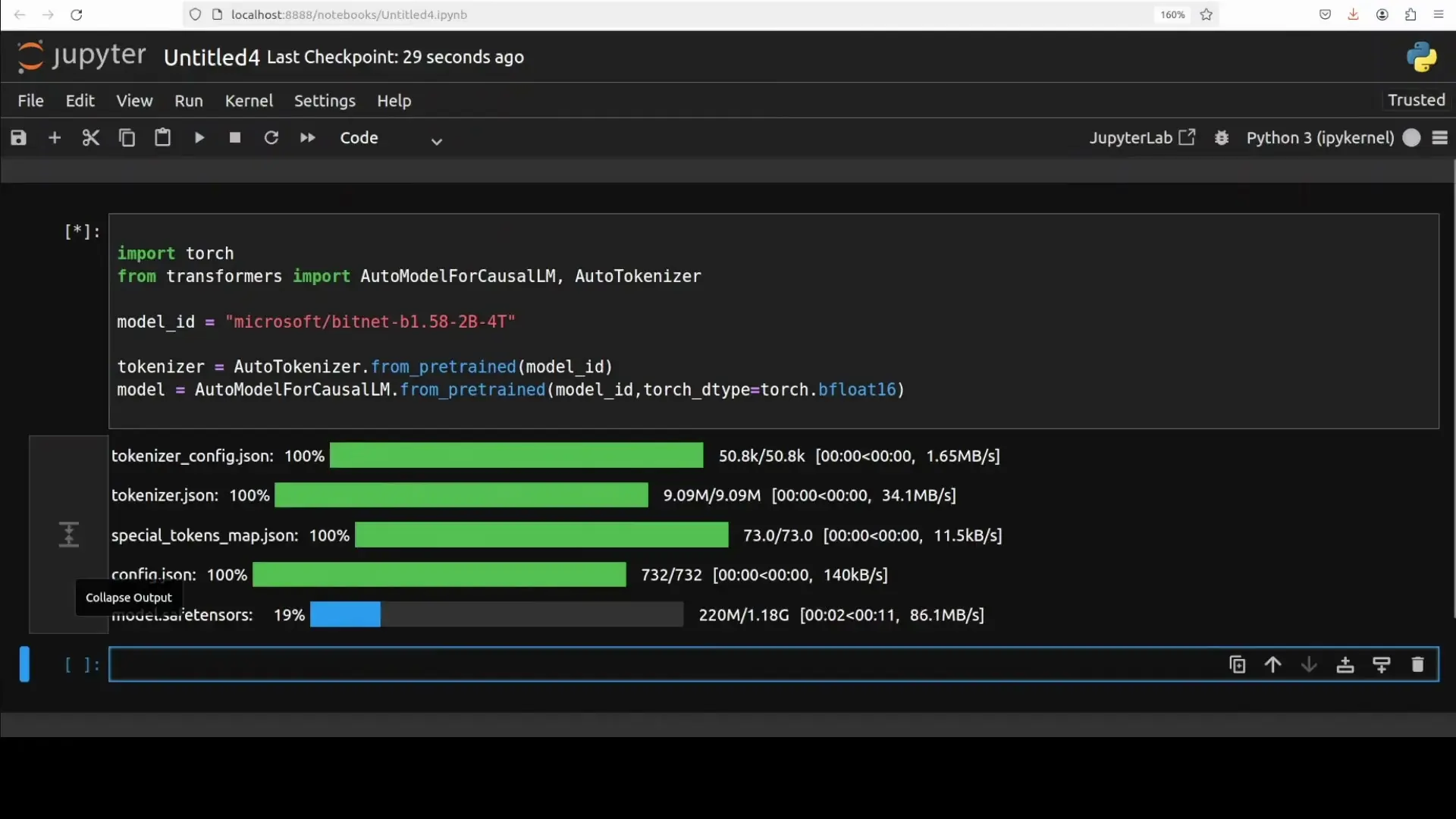 BitNet model loading in a Jupyter notebook showcases its efficient implementation, requiring minimal resources compared to traditional AI models.