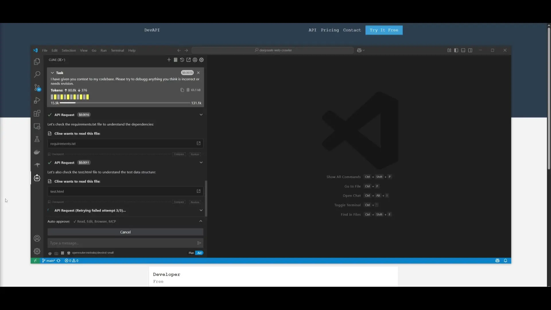 Devstral integrated with VS Code through the Continue extension, analyzing code and providing intelligent debugging suggestions for complex programming challenges