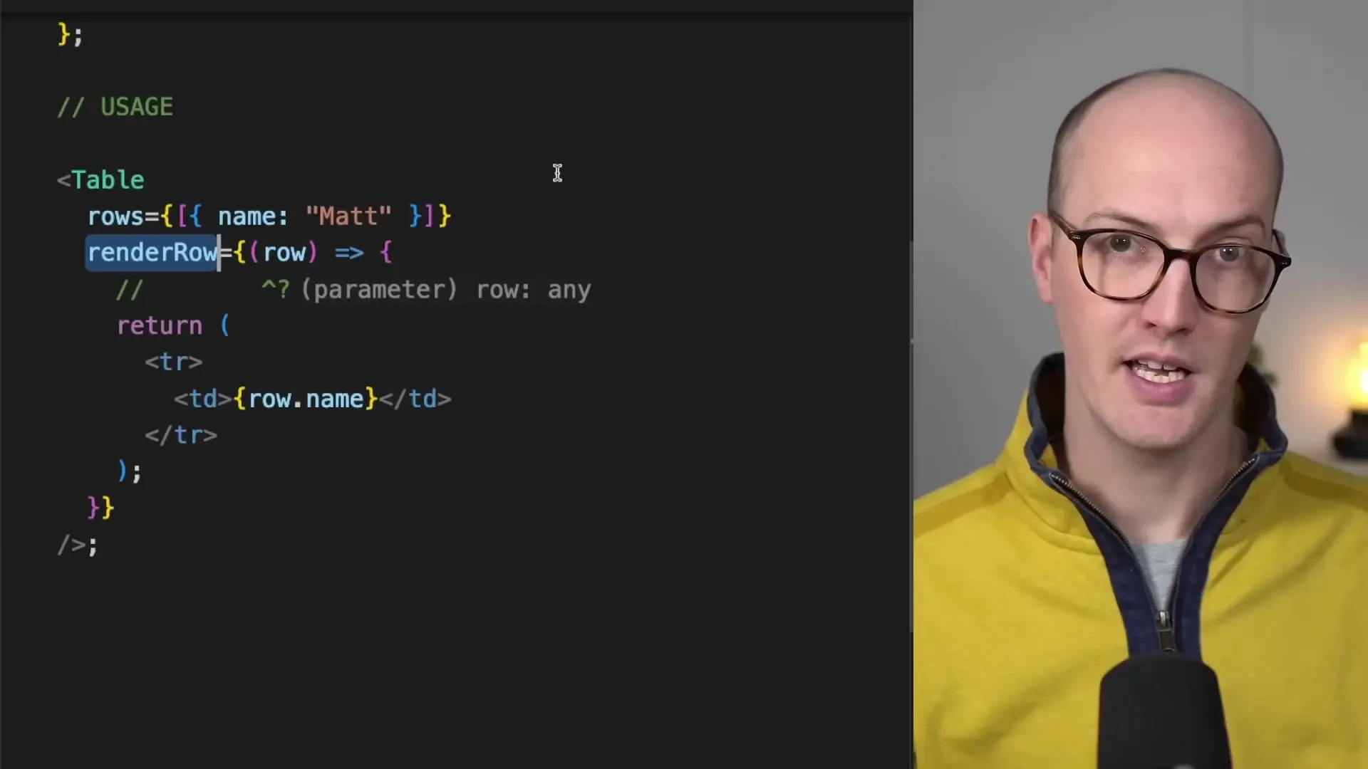 A non-generic Table component implementation showing the limitations of using 'any' type in React components