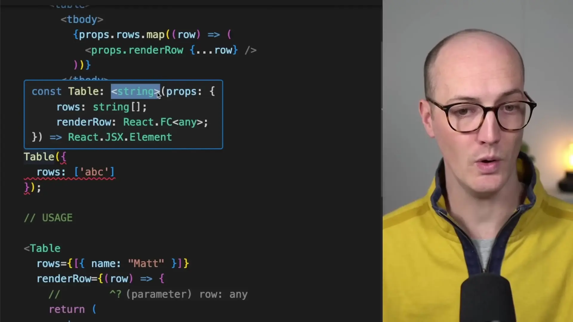 A generic Table component implementation in React and TypeScript showing proper type relationships between props