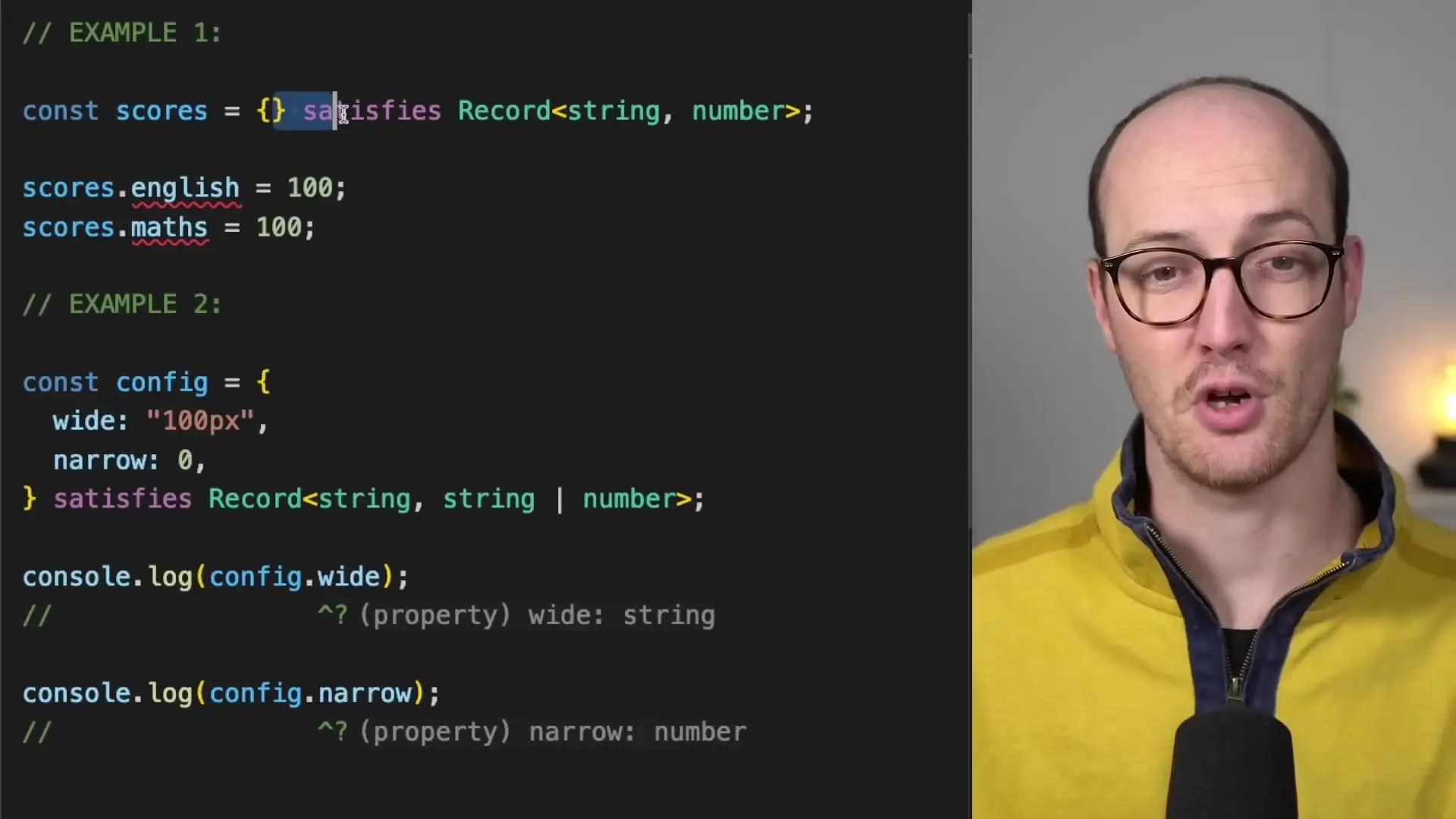 Code examples showing how TypeScript's satisfies operator preserves specific property types while ensuring type compliance with Record types