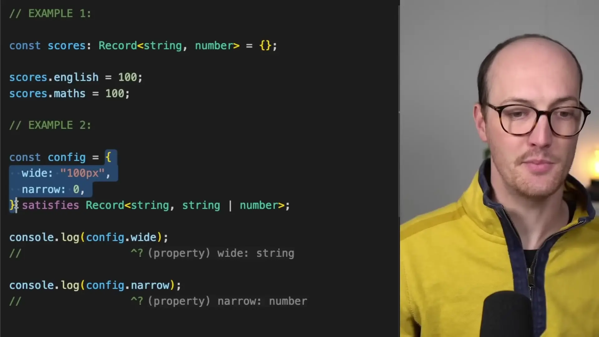 Code example demonstrating how the satisfies operator maintains precise property types while ensuring overall type compatibility with Record types