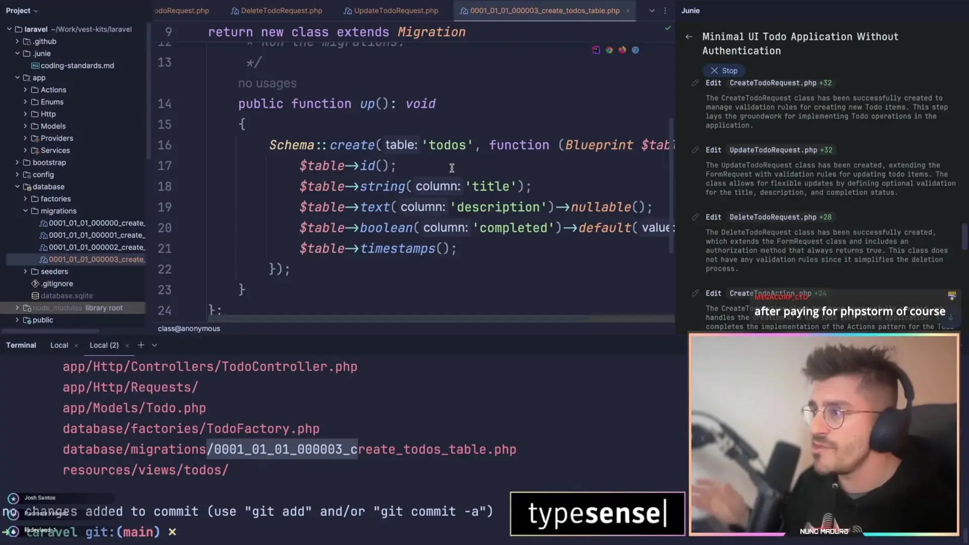 JetBrains Junie in PHP Storm generating Laravel migration code for a todo application with an interactive sidebar showing functionality details