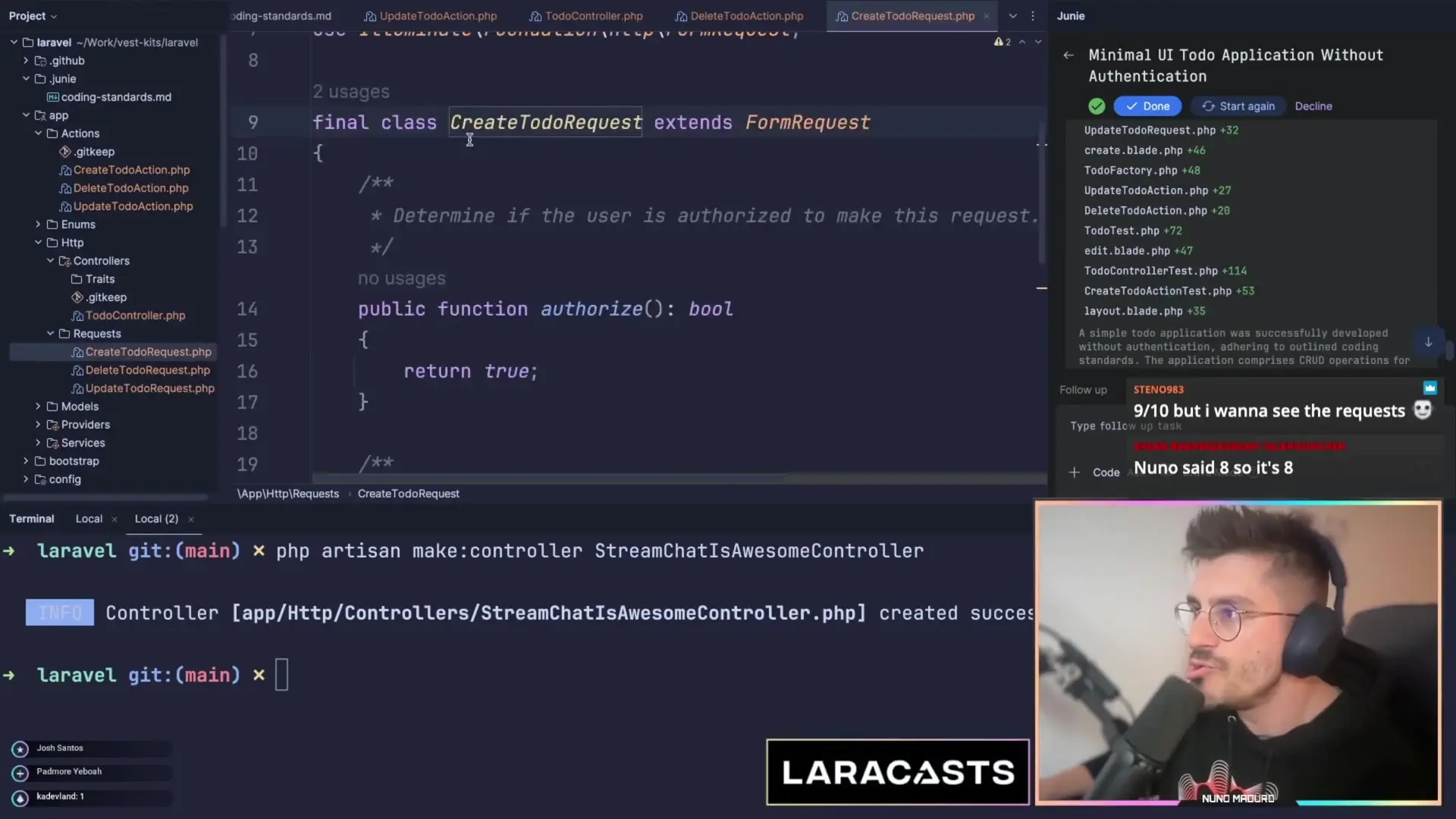 Junie AI in PHP Storm showing a Laravel CreateTodoRequest class with proper validation rules and project structure