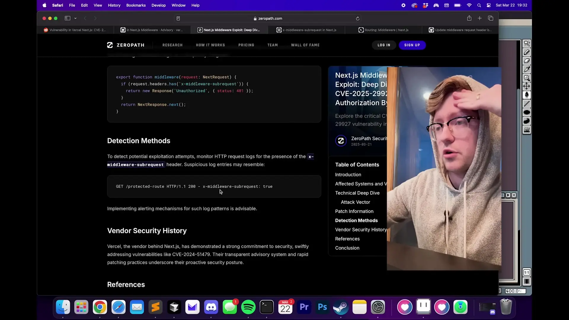 Technical details of the Next.js middleware vulnerability showing code examples and detection methods for identifying potential exploitation attempts