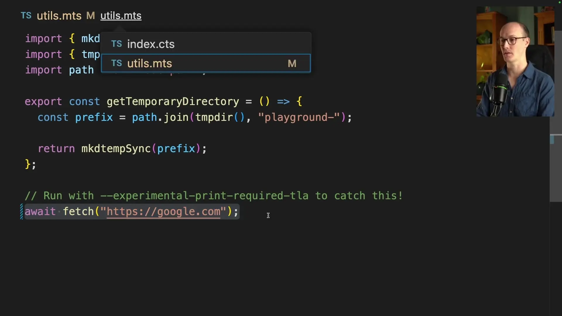 TypeScript code example showing how Node.js 23 simplifies module imports between CommonJS and ESM files, eliminating the need for complex async workarounds