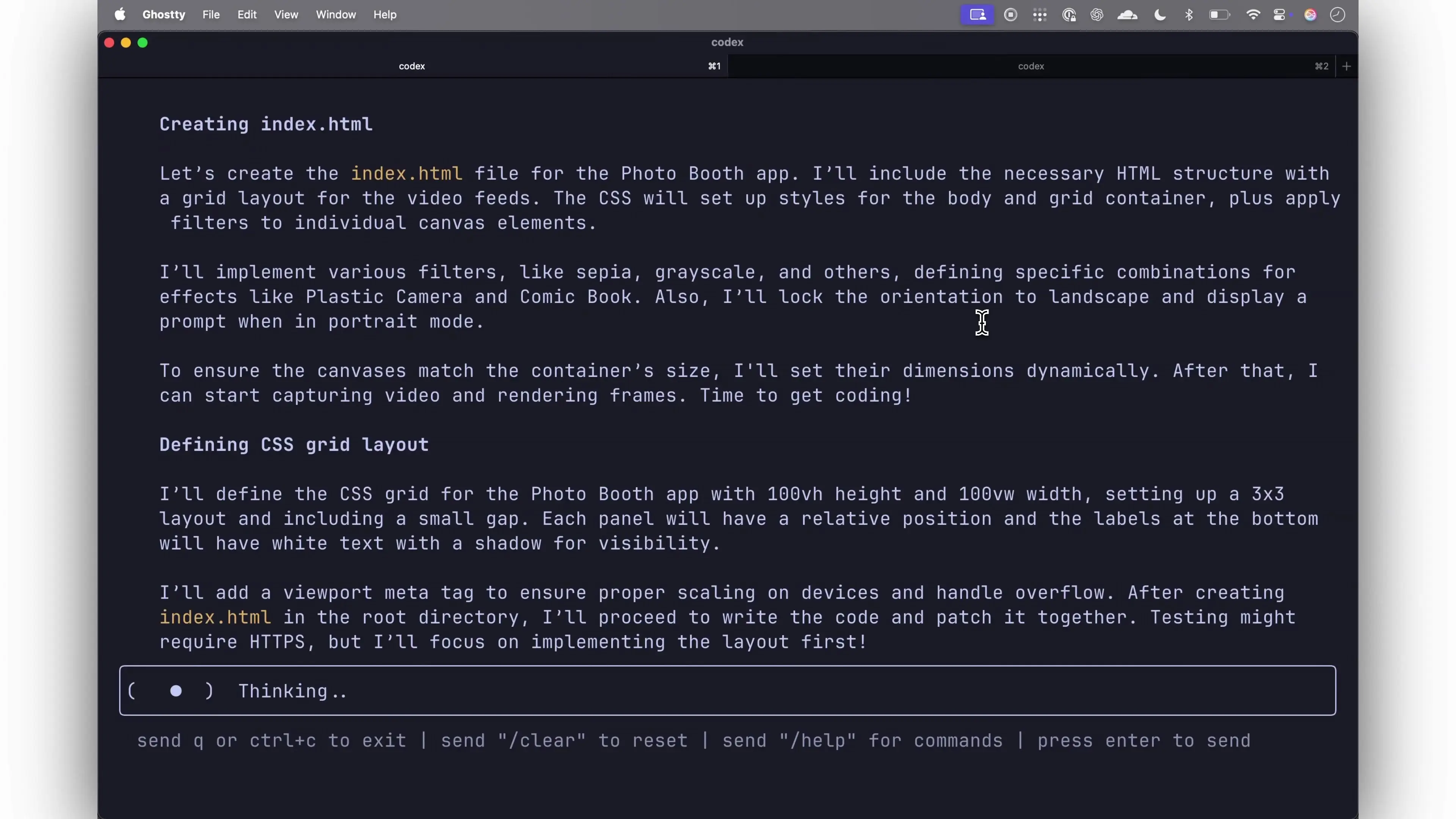 OpenAI Codex CLI's thought process while creating a web application from a screenshot reference