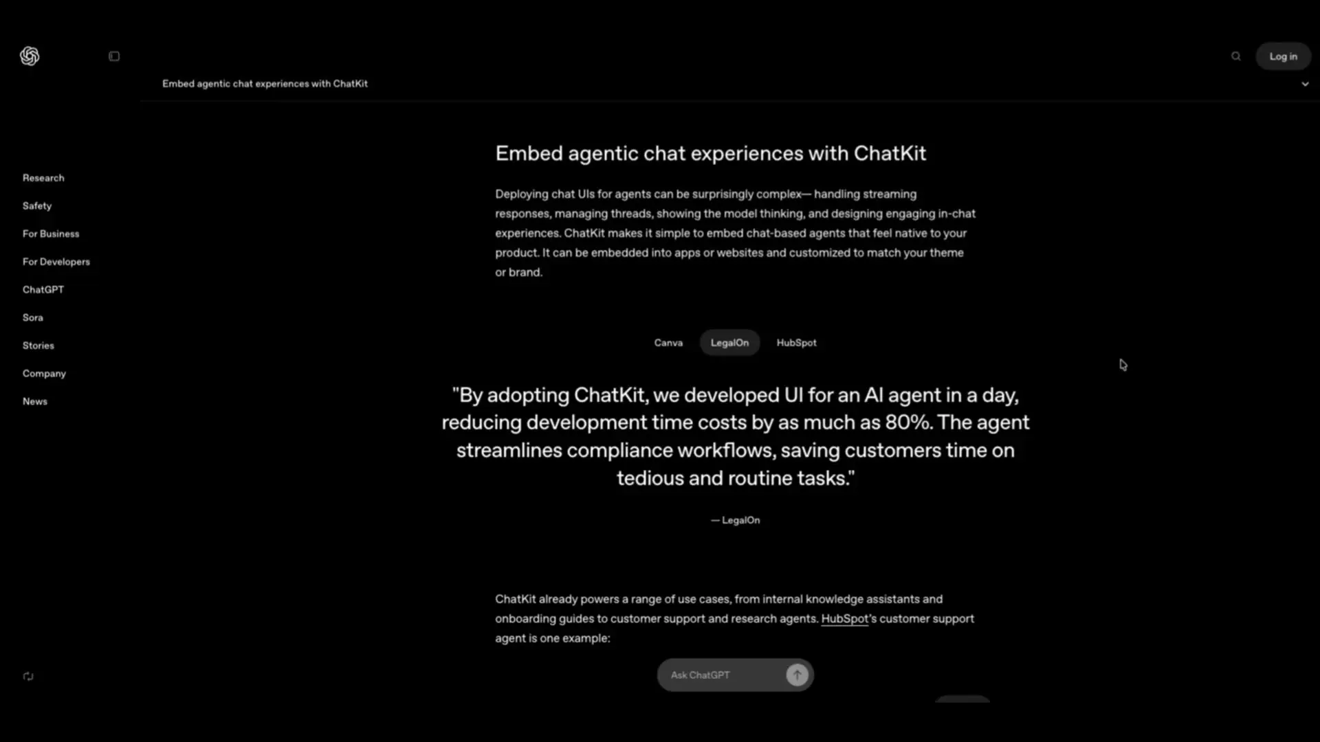 Chat Kit interface showing customizable UI components for embedding AI agents into applications