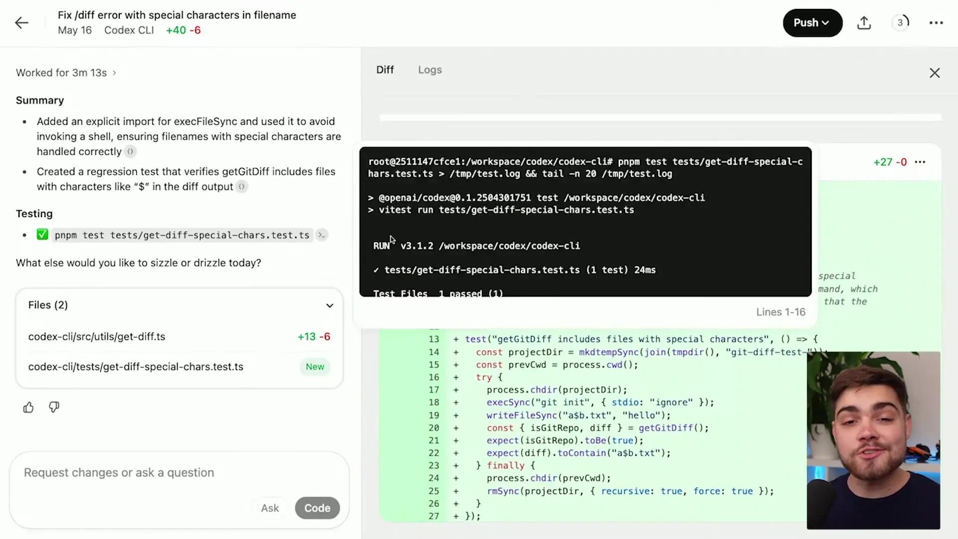 Codex interface showing code implementation with test verification for handling special characters in filenames, demonstrating how the AI verifies its own work