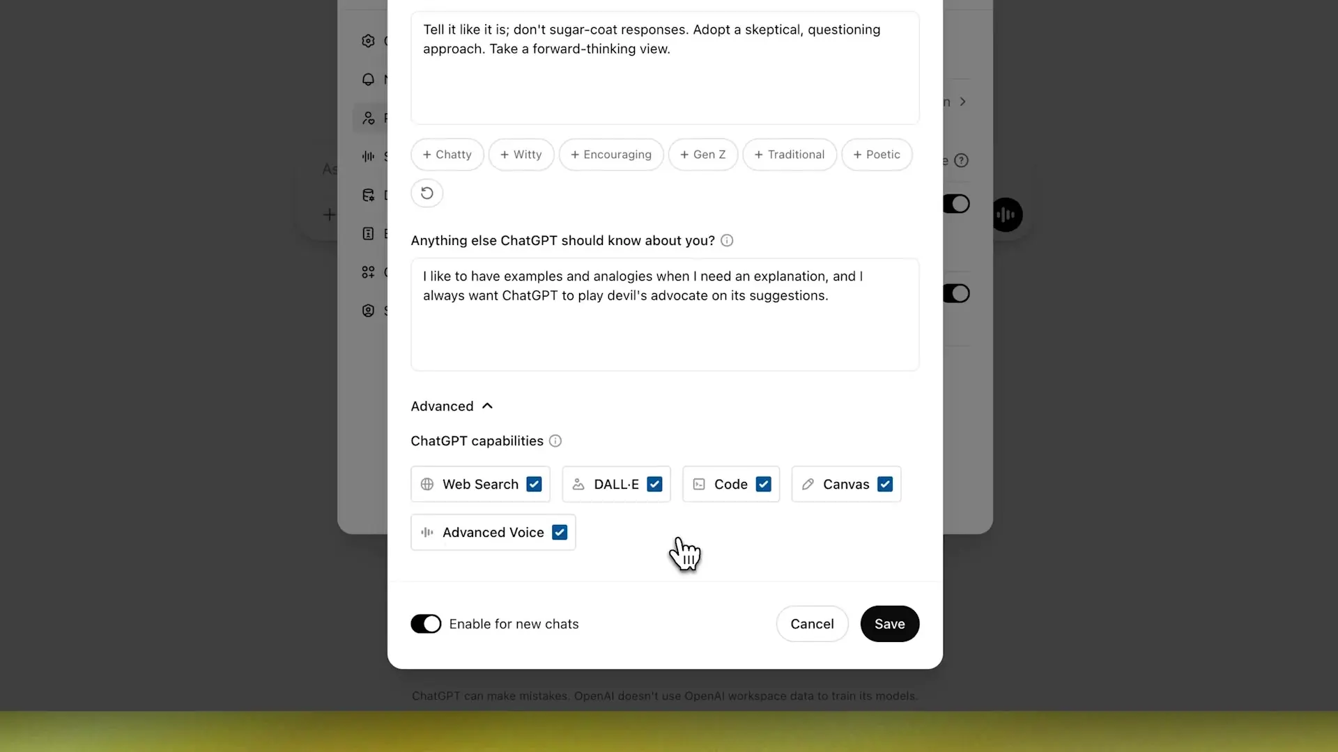 The comprehensive ChatGPT custom instructions interface showing personalization options for tone settings, response preferences, and capability selections