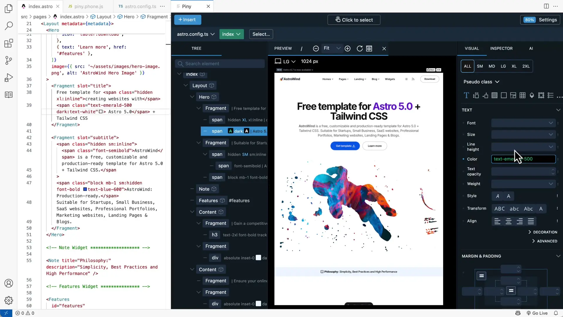 Piny's visual Tailwind CSS editor interface showing interactive element selection and styling tools for Astro 5.0 templates with side-by-side code and preview panels
