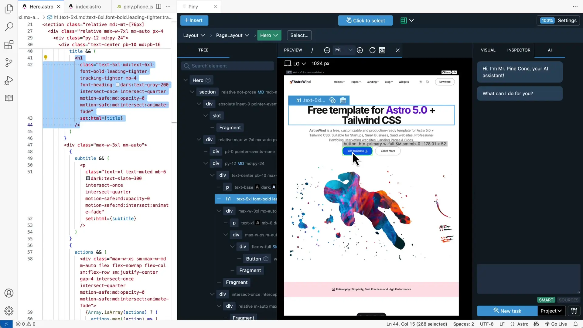 Piny's split-screen interface showing Tailwind CSS styling controls alongside live preview for an AstroWind template, demonstrating the seamless Astro-Tailwind integration