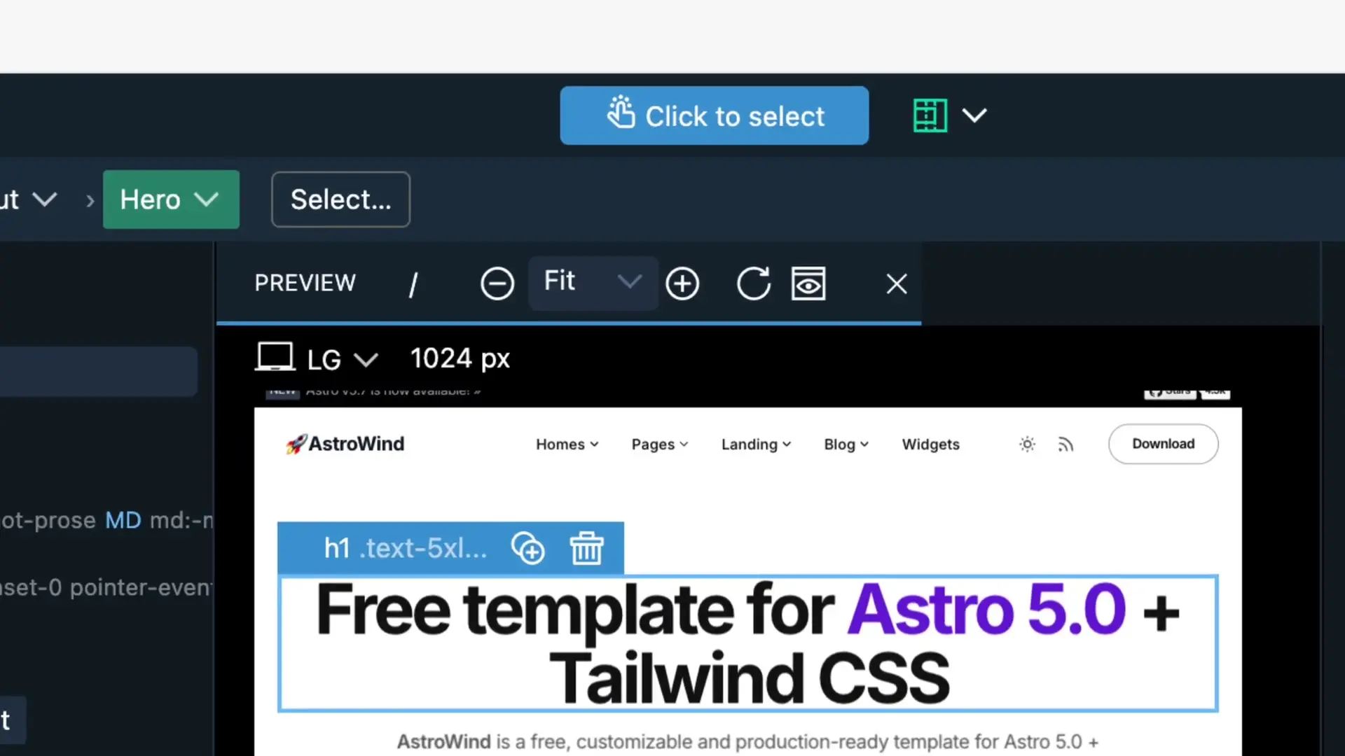 Piny's element selection tools highlighting components in an AstroWind template, showcasing the seamless integration between visual editing and Astro development