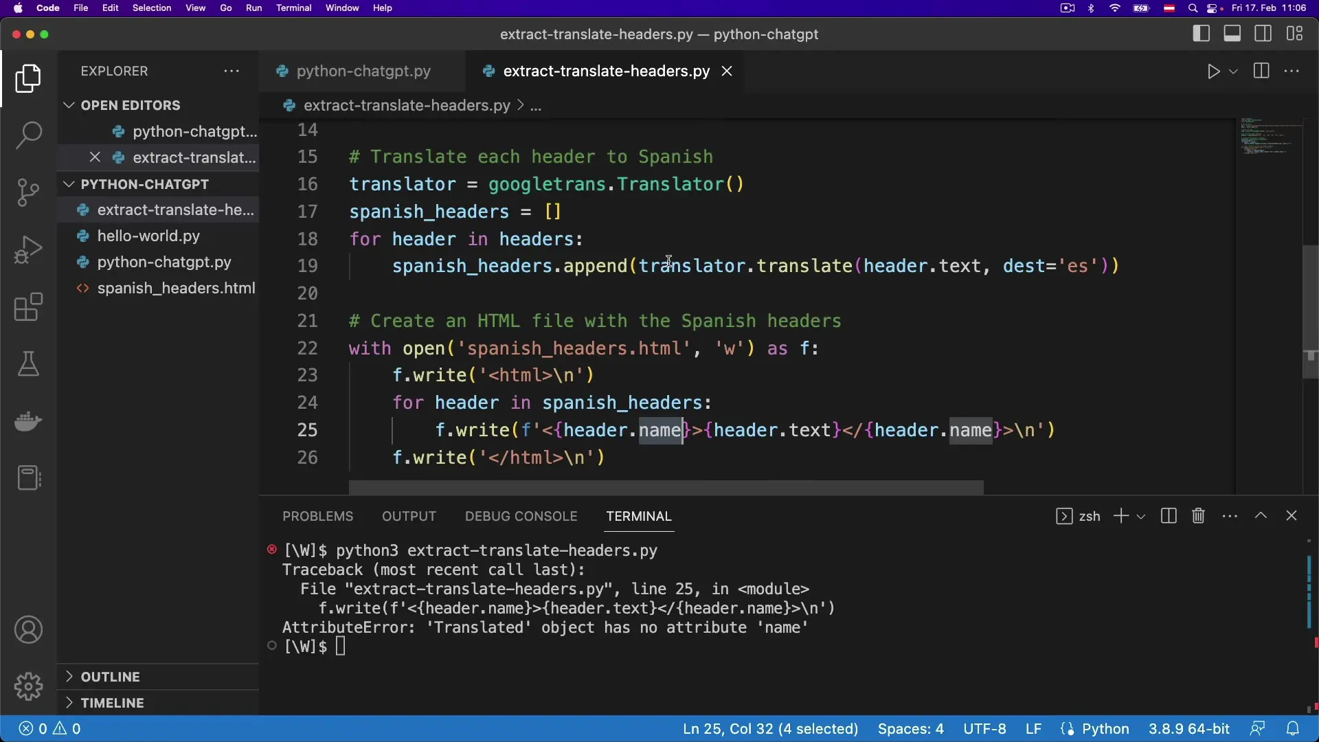 The translation script identifies header elements and processes them through the translation service