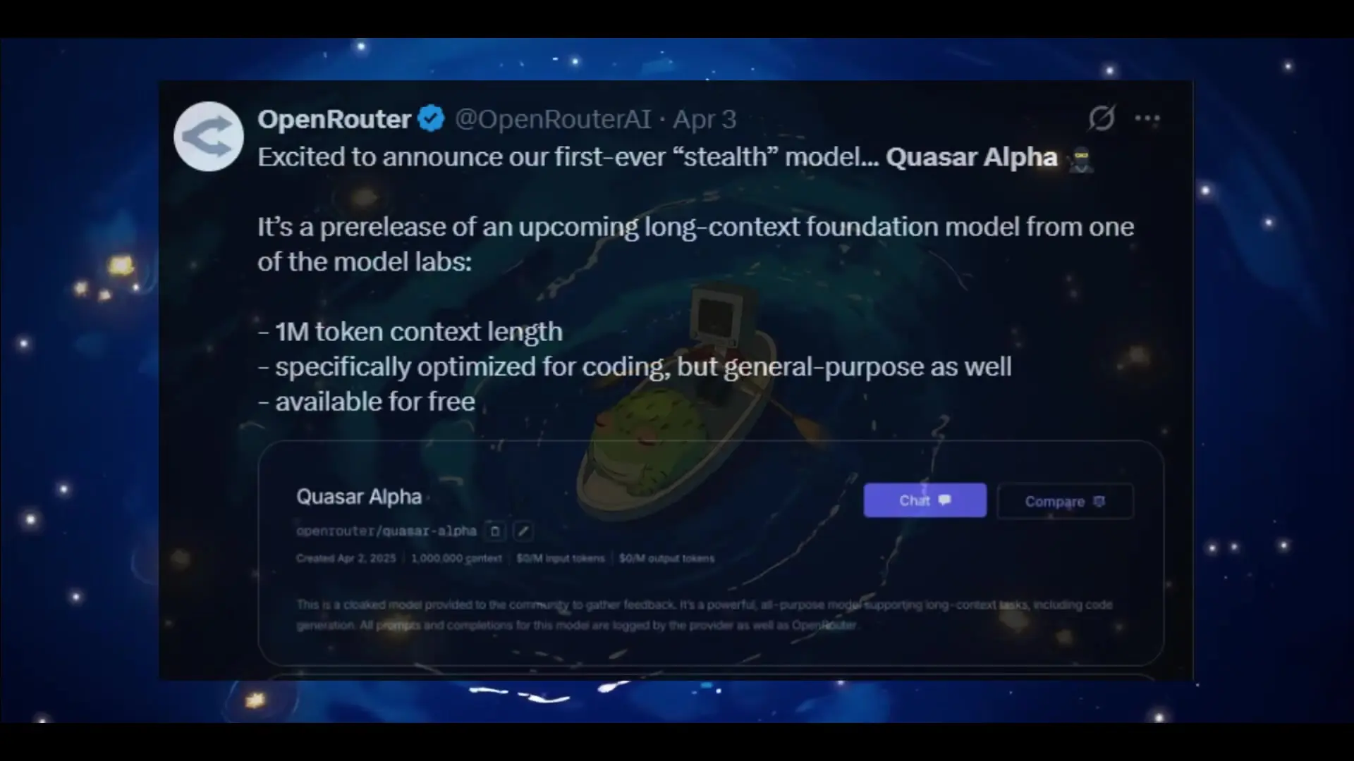 Quasar Alpha is available through Open Router and features an impressive 1-million token context window